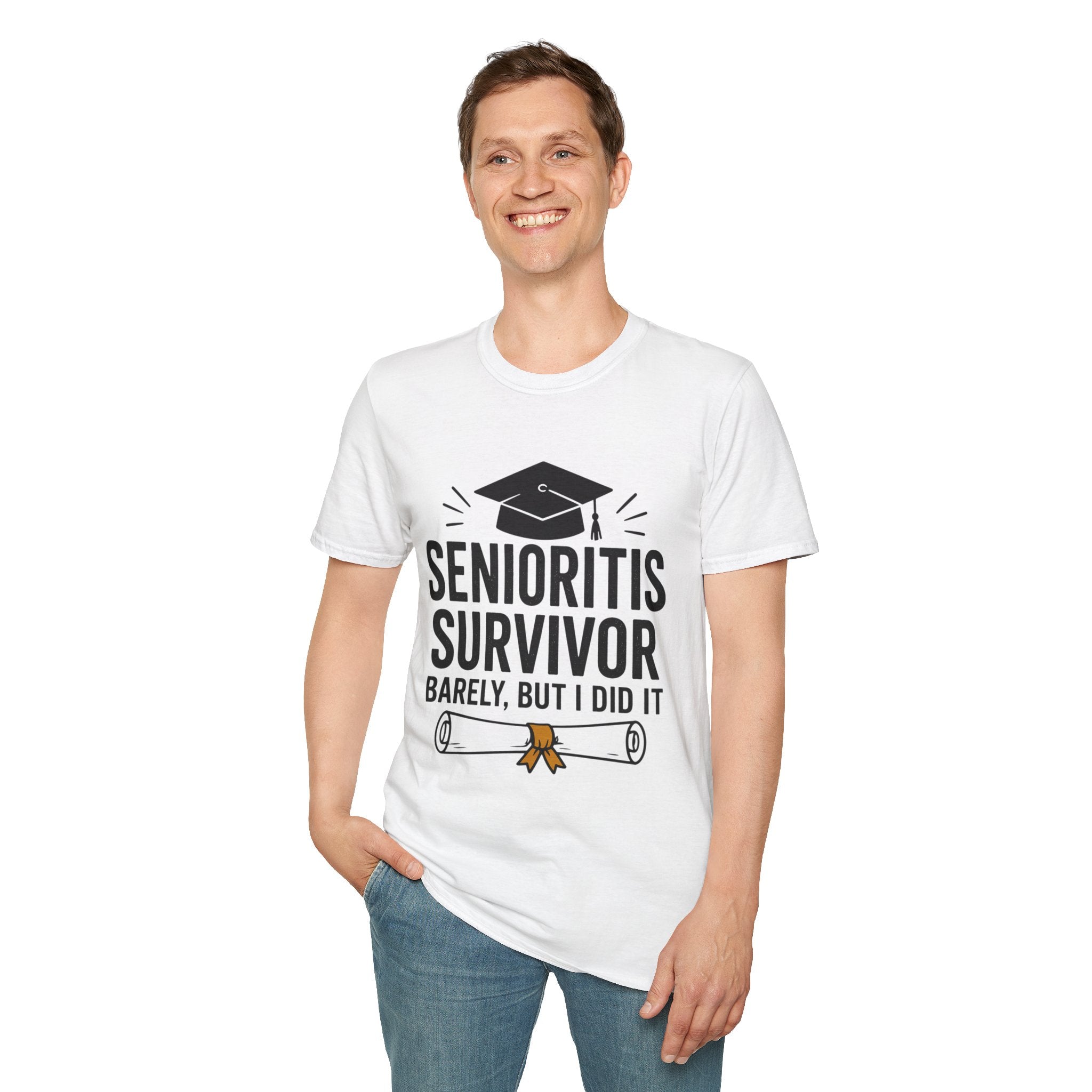 Senioritis Survivor Graduation T-Shirt — "Senioritis Survivor: Barely, But I Did It"