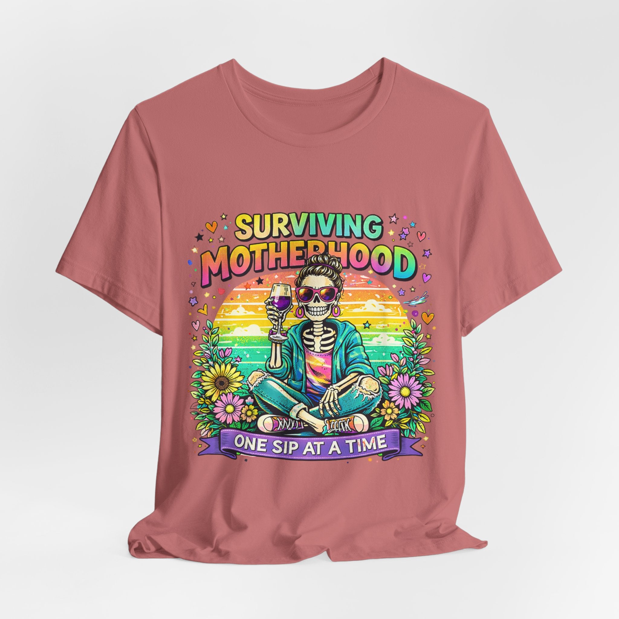 Surviving Motherhood Graphic Tee — "One Sip at a Time" Mom Shirt