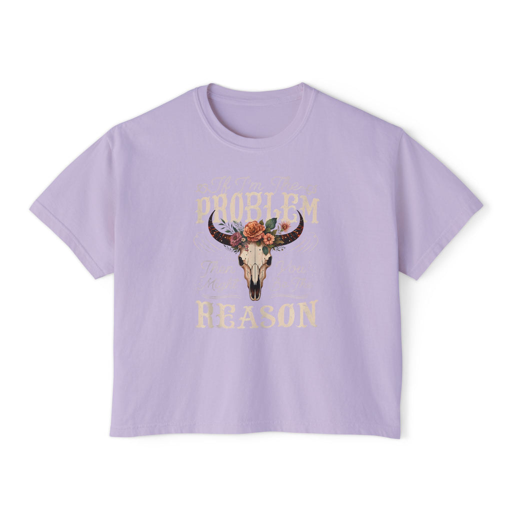 Western Floral Bull Skull Tee — "Problem? Reason" Boxy Women's Shirt