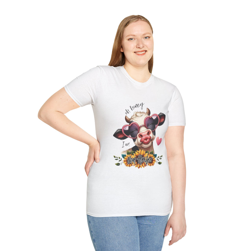 Cow with Heart Sunglasses T-Shirt — "Oh Honey I’m That Cow" Cute Farm Animal Tee