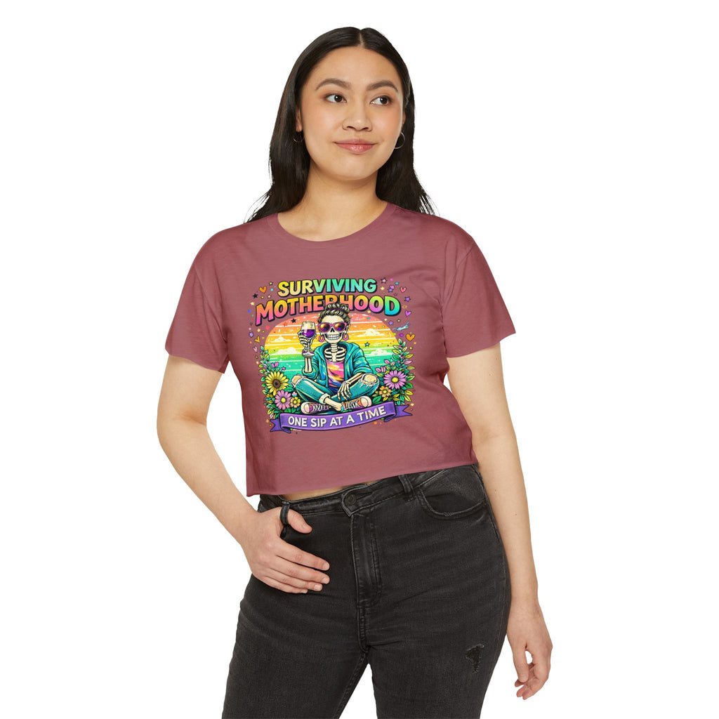 Motherhood Crop Top — "Surviving Motherhood One Sip at a Time" Festival Tee