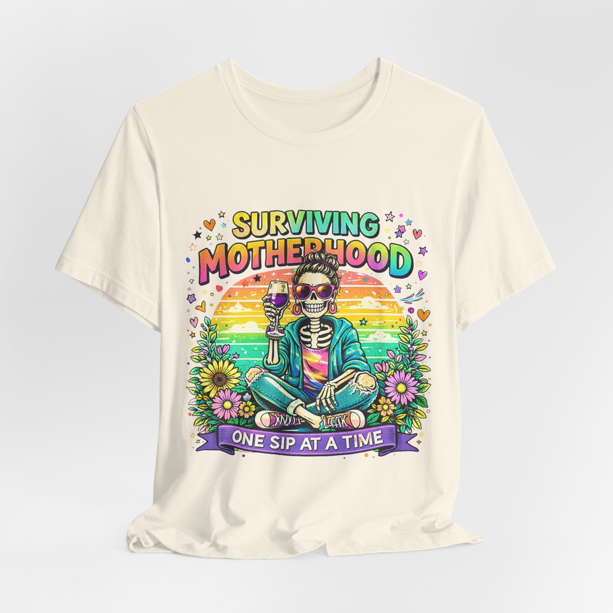 Surviving Motherhood Graphic Tee — "One Sip at a Time" Mom Shirt