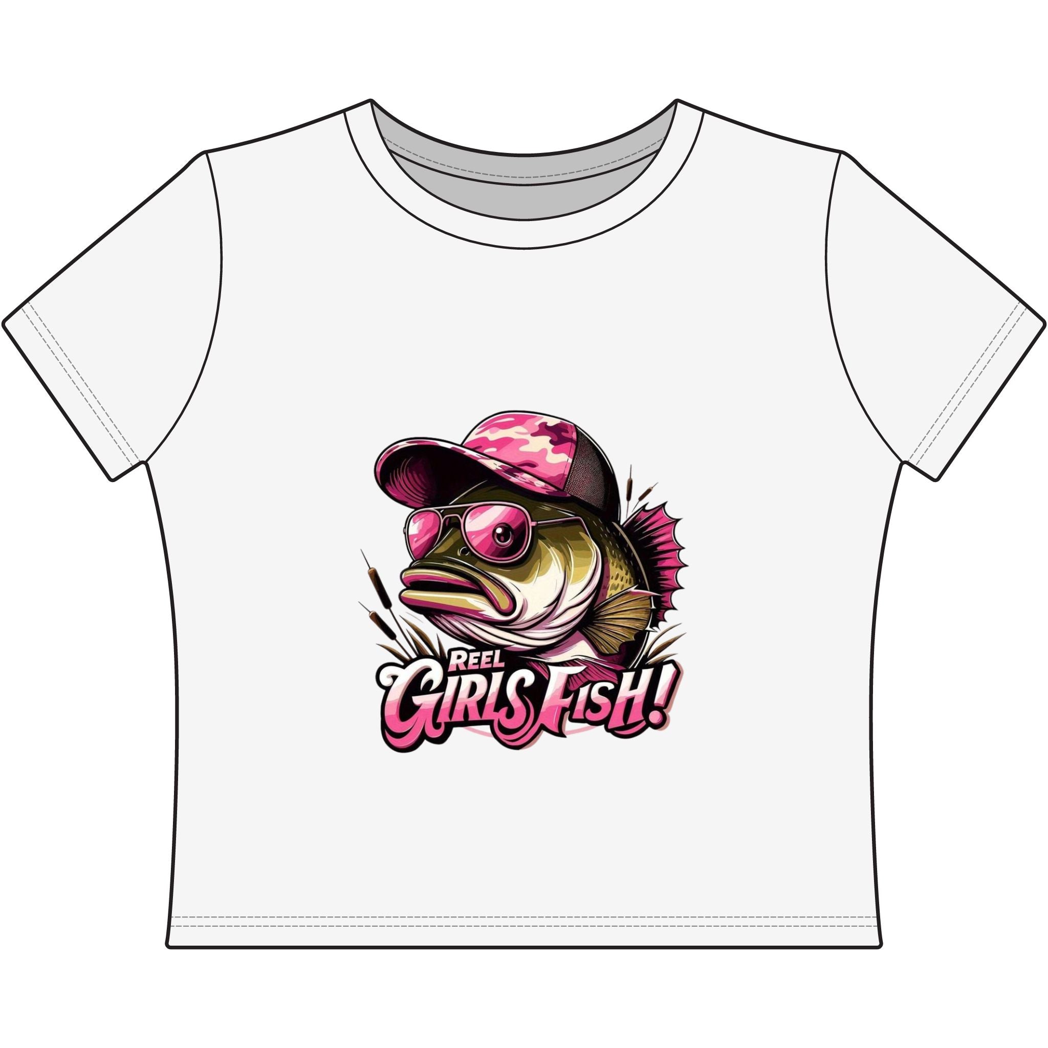 Women's Baby Tee — "Reel Girls Fish!" Pink Camo Bass Graphic Tee