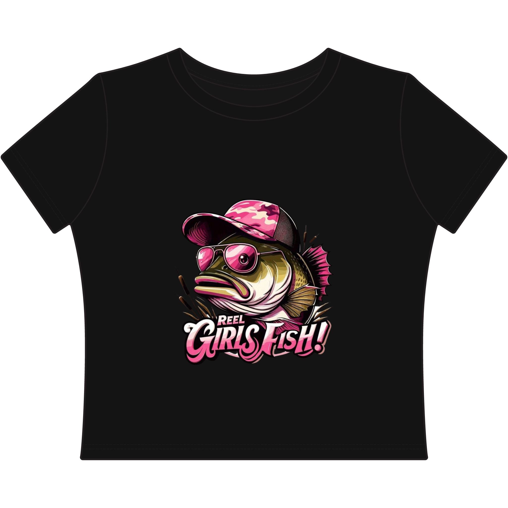 Women's Baby Tee — "Reel Girls Fish!" Pink Camo Bass Graphic Tee
