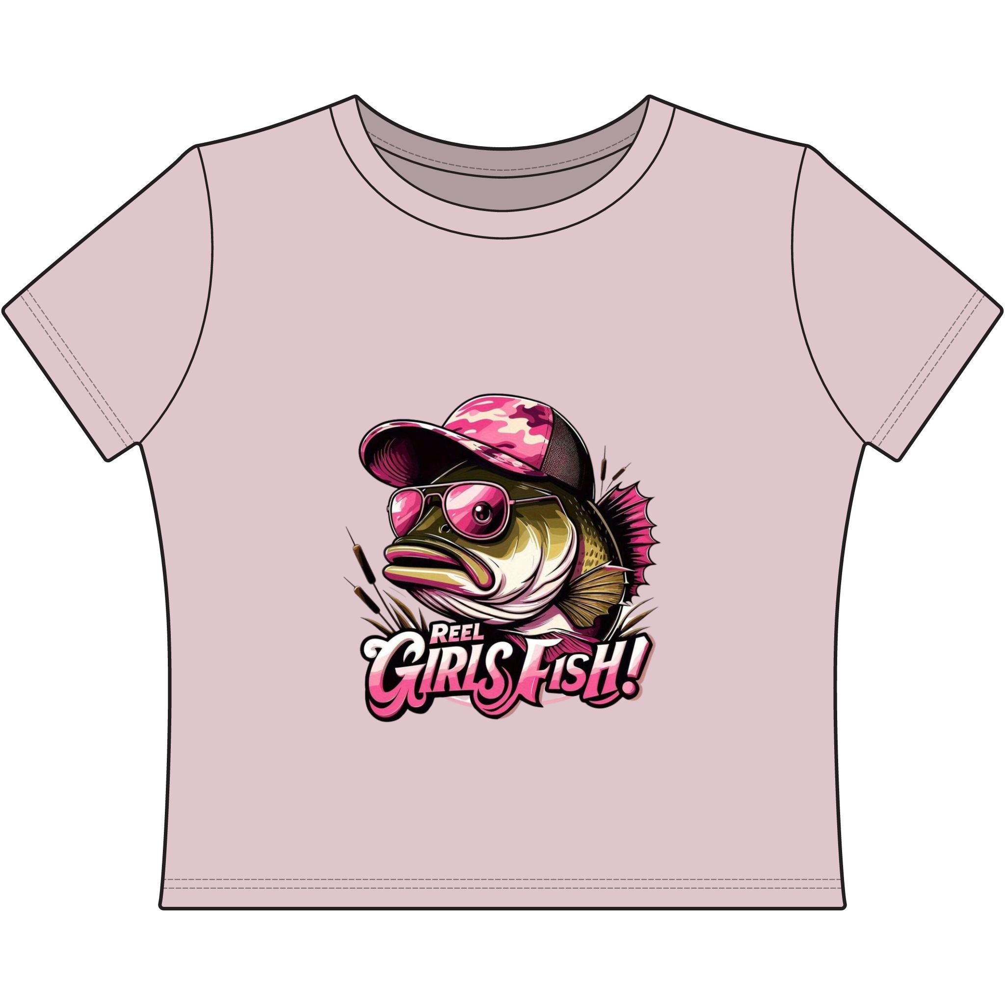 Women's Baby Tee — "Reel Girls Fish!" Pink Camo Bass Graphic Tee