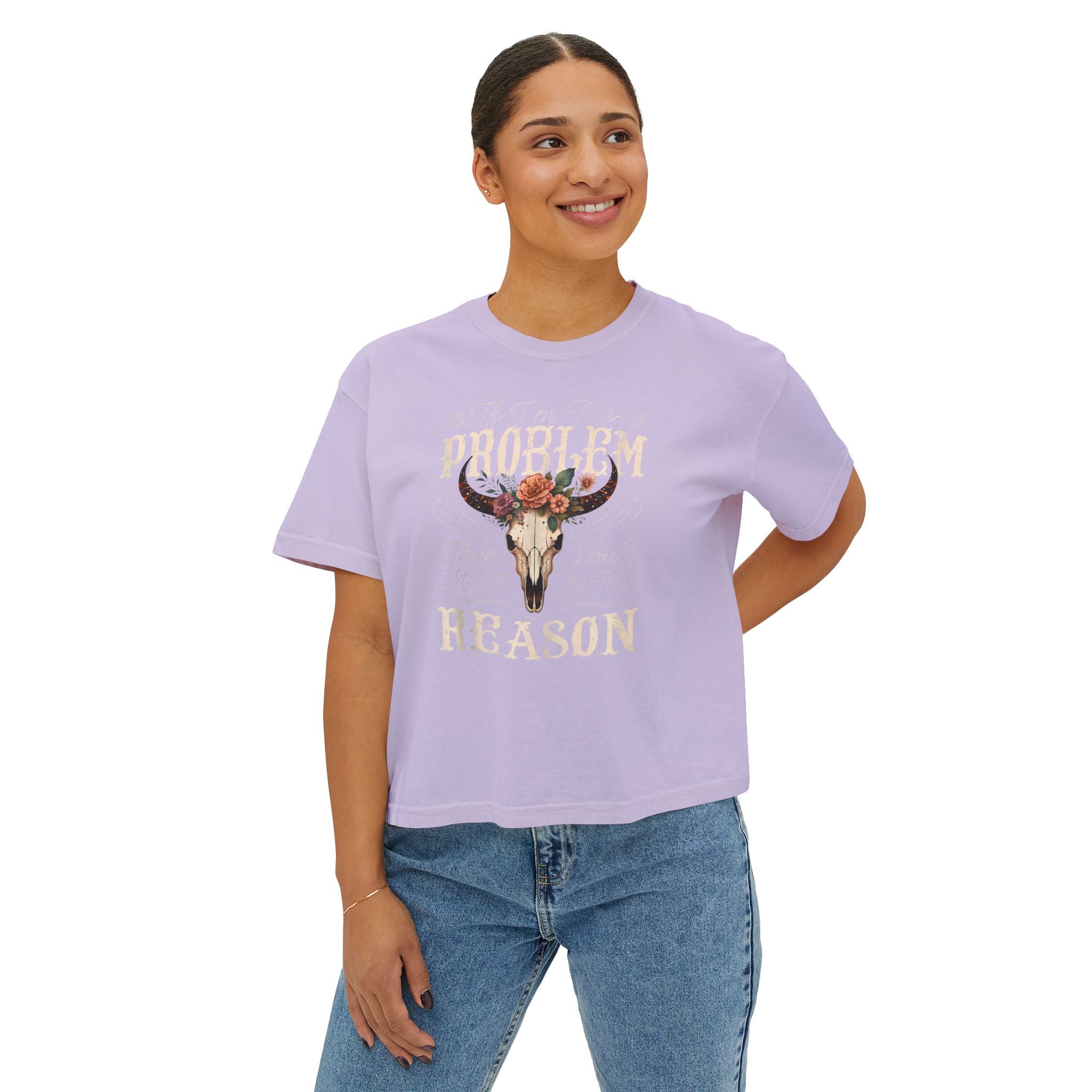 Western Floral Bull Skull Tee — "Problem? Reason" Boxy Women's Shirt