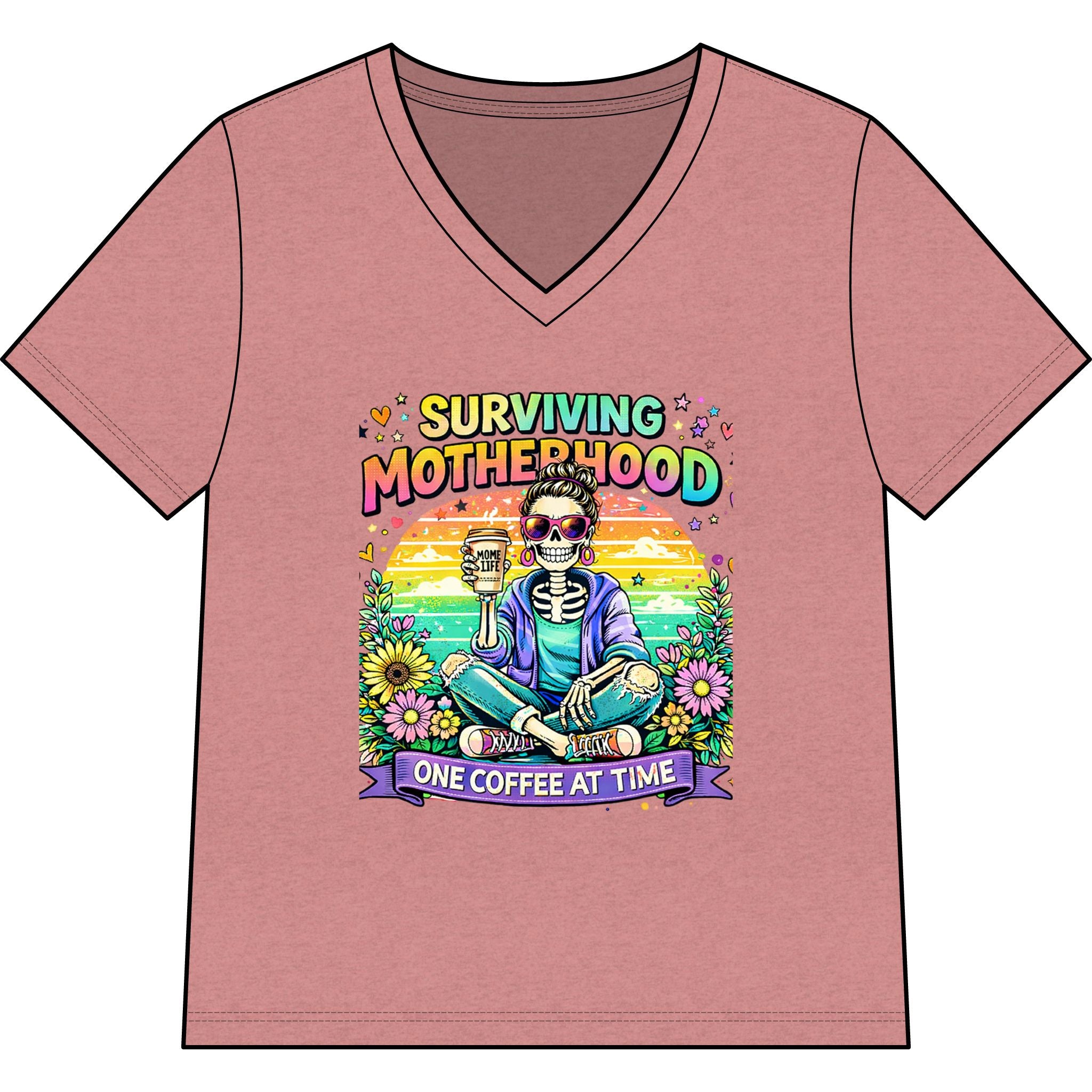 Surviving Motherhood V-Neck Tee — “One Coffee at a Time” Mom Shirt