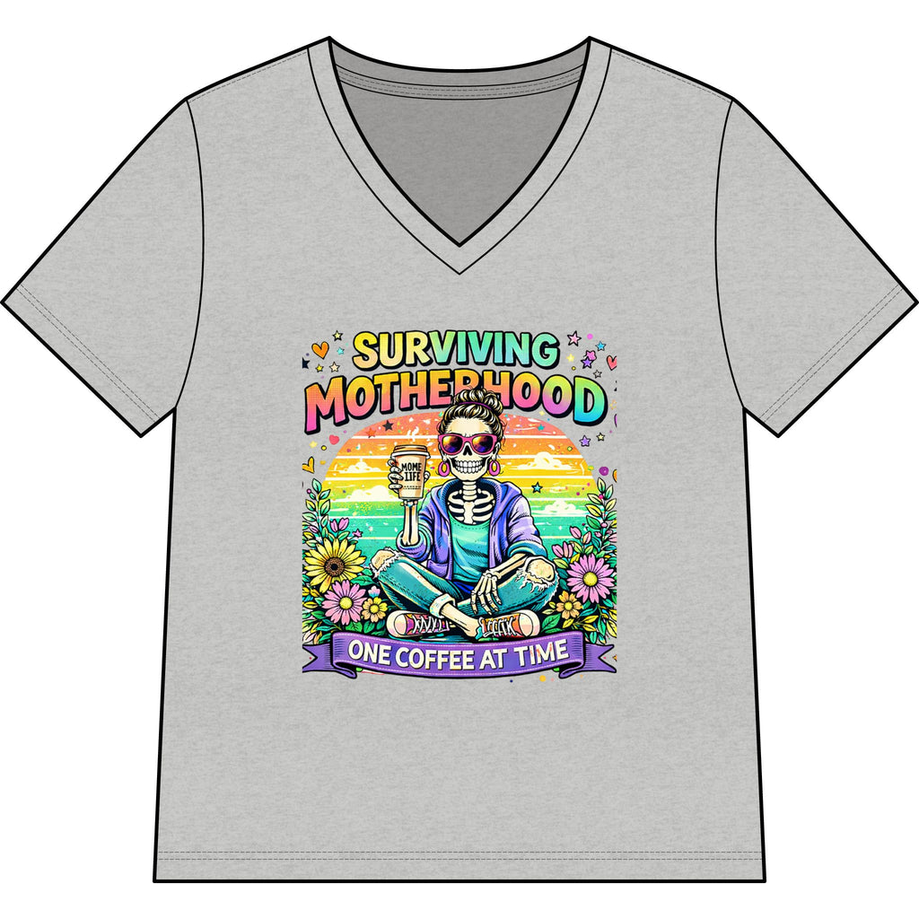 Surviving Motherhood V-Neck Tee — “One Coffee at a Time” Mom Shirt