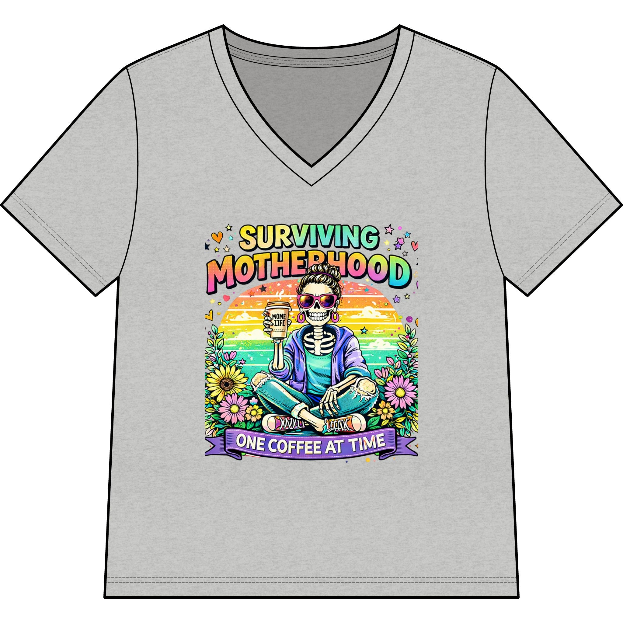 Surviving Motherhood V-Neck Tee — “One Coffee at a Time” Mom Shirt