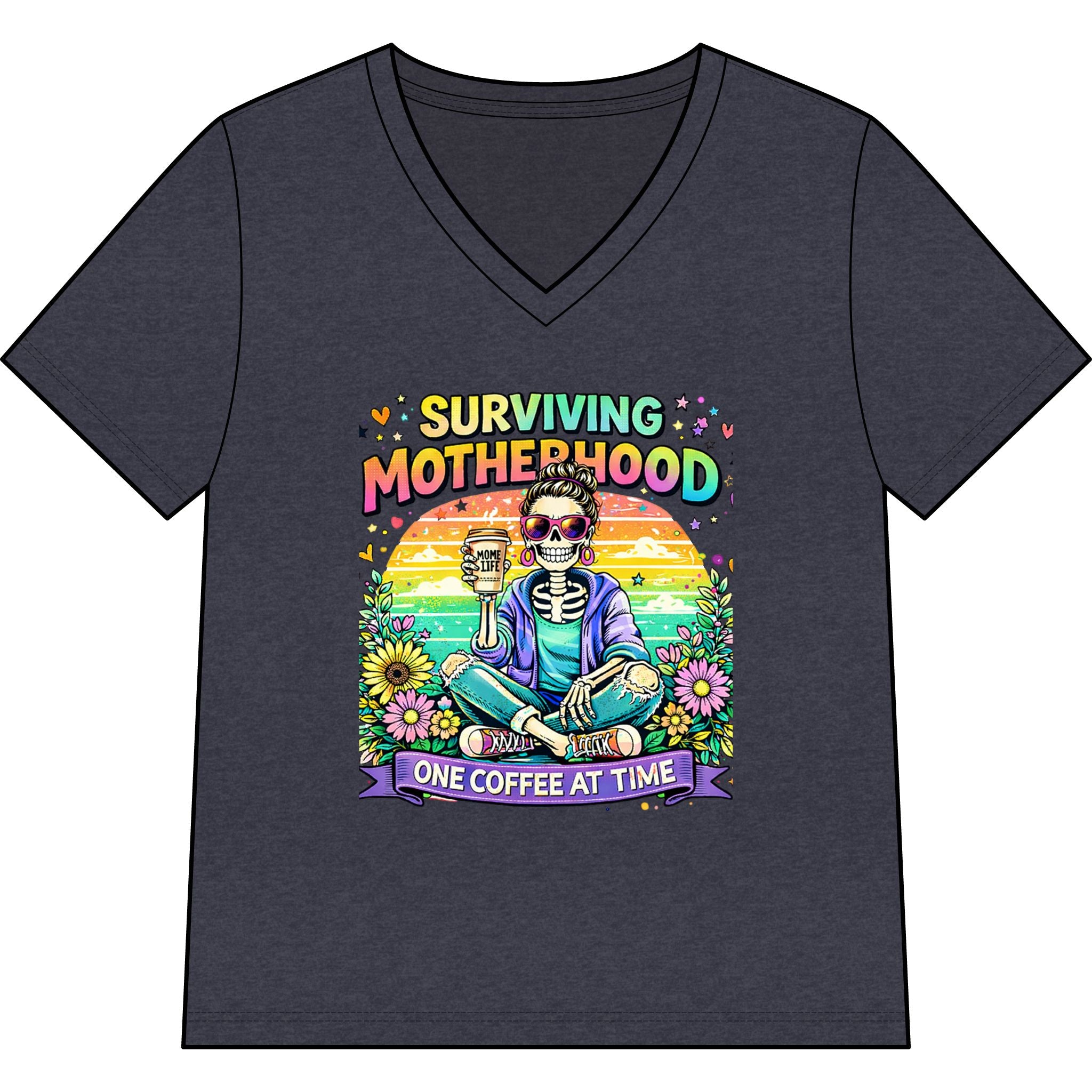 Surviving Motherhood V-Neck Tee — “One Coffee at a Time” Mom Shirt