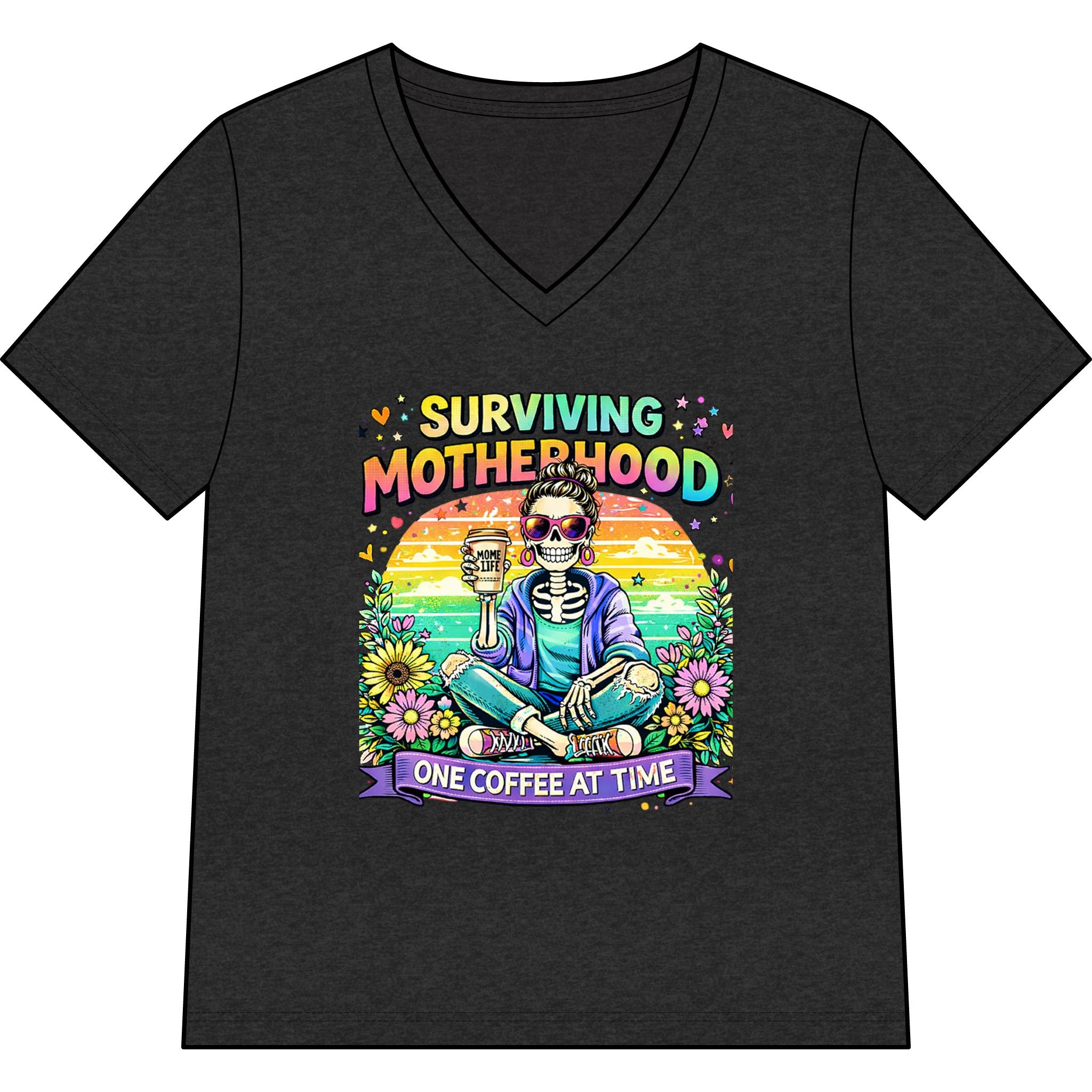 Surviving Motherhood V-Neck Tee — “One Coffee at a Time” Mom Shirt