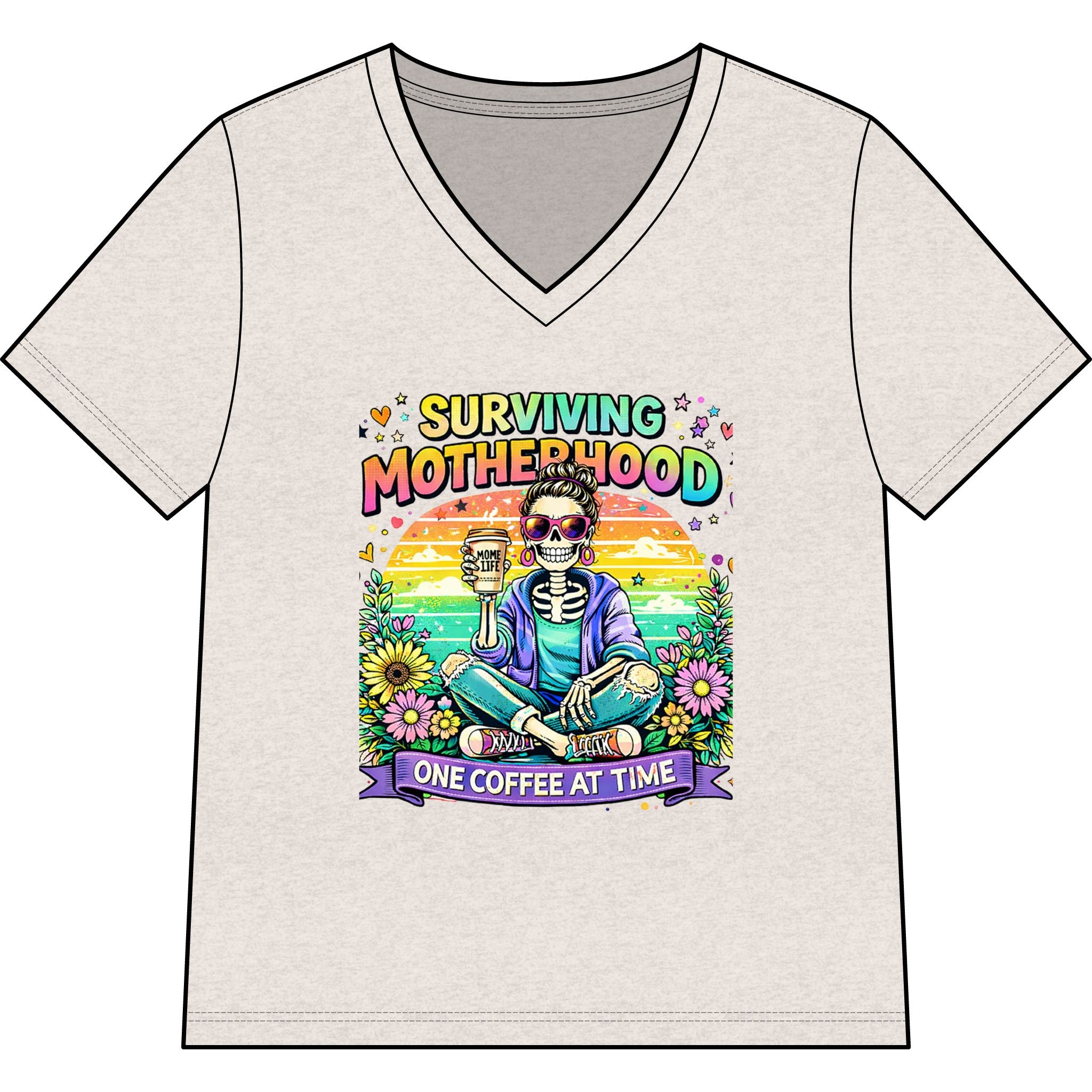 Surviving Motherhood V-Neck Tee — “One Coffee at a Time” Mom Shirt