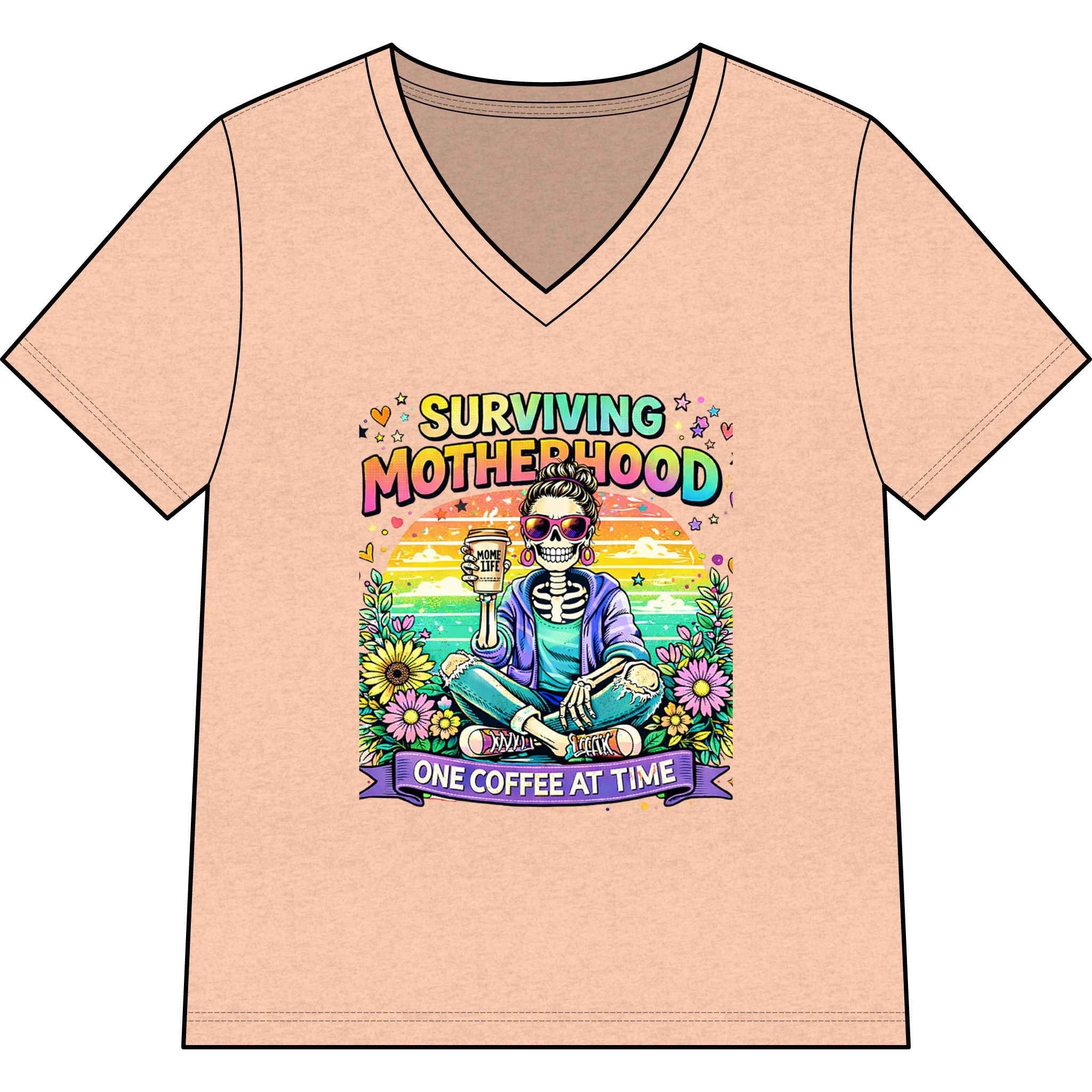 Surviving Motherhood V-Neck Tee — “One Coffee at a Time” Mom Shirt