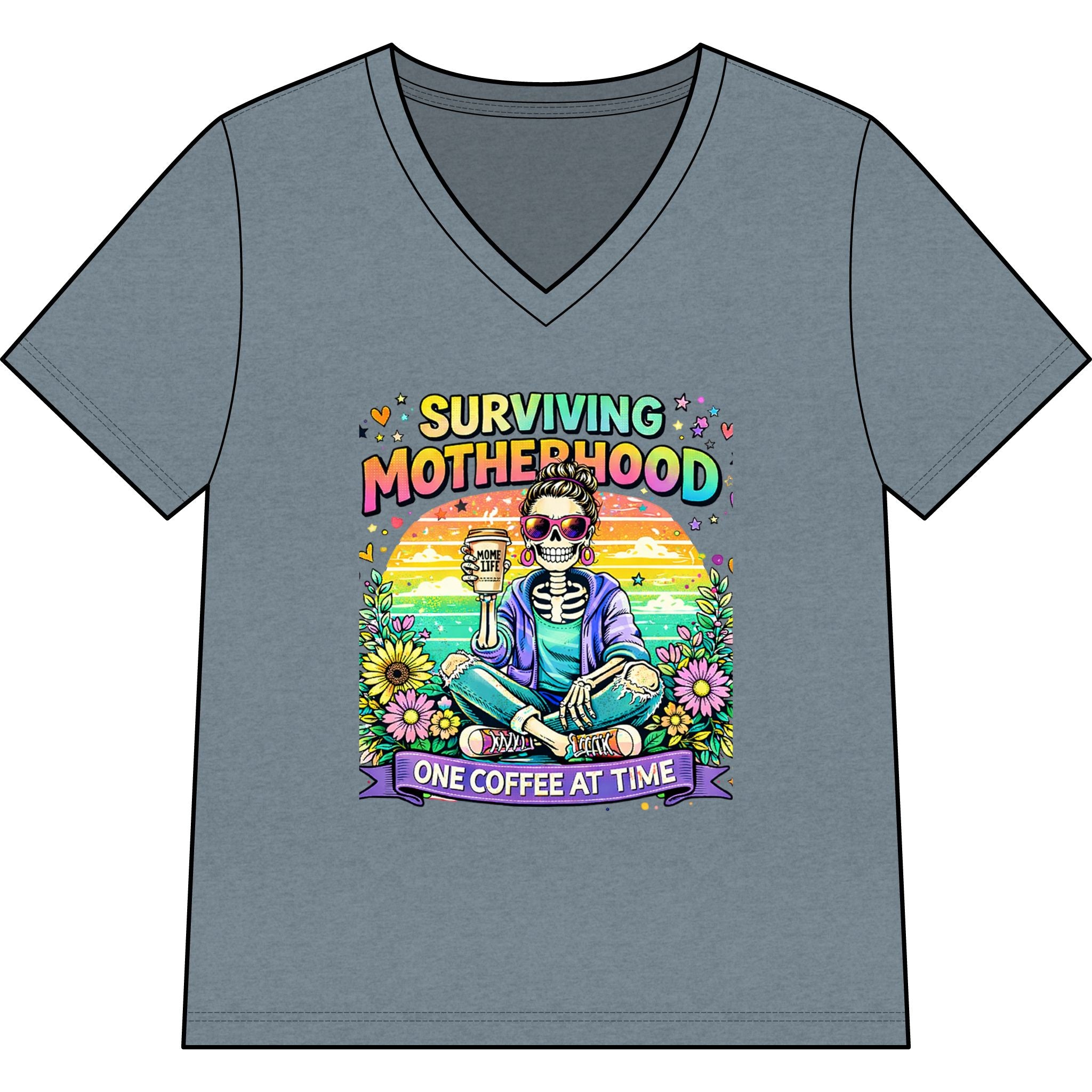 Surviving Motherhood V-Neck Tee — “One Coffee at a Time” Mom Shirt