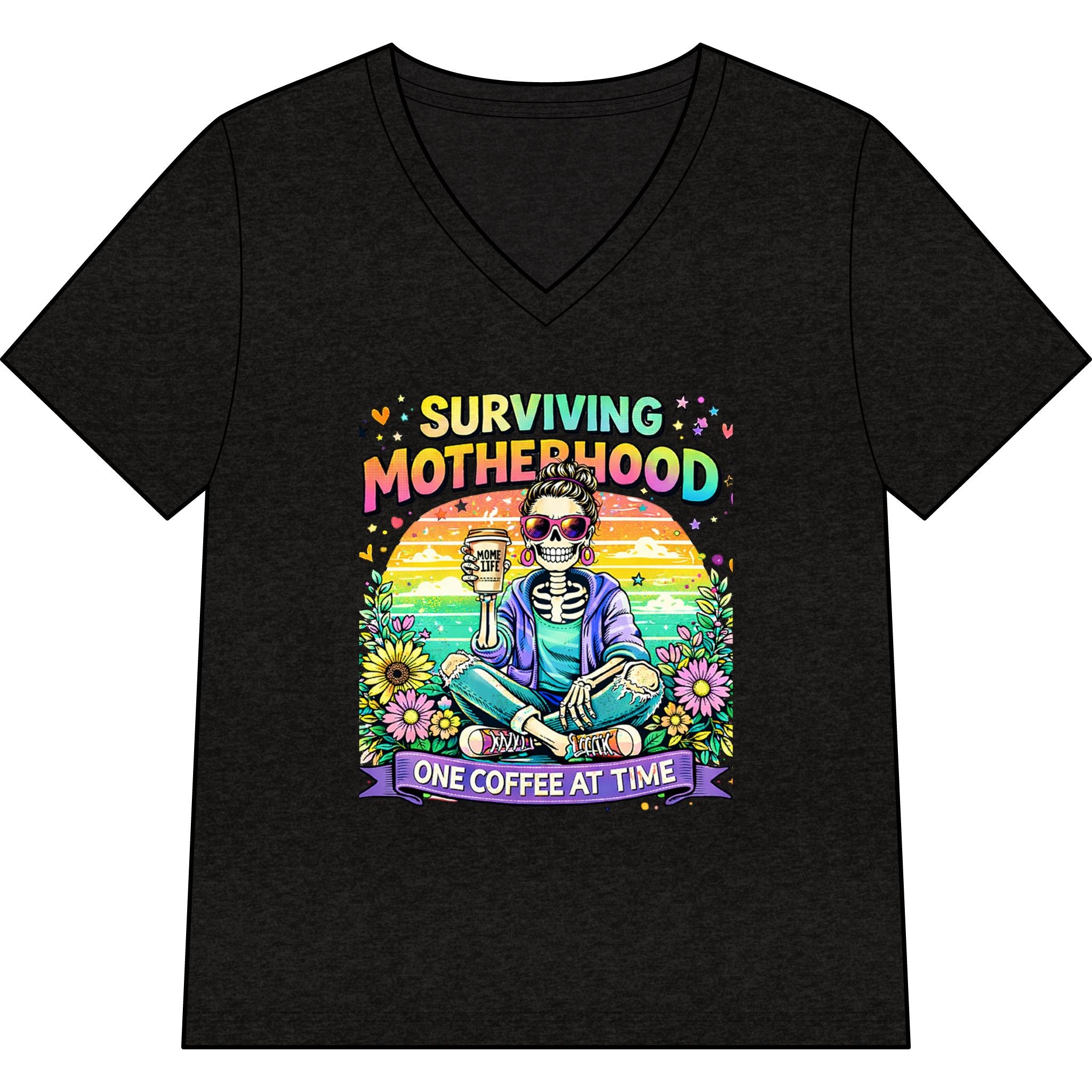 Surviving Motherhood V-Neck Tee — “One Coffee at a Time” Mom Shirt