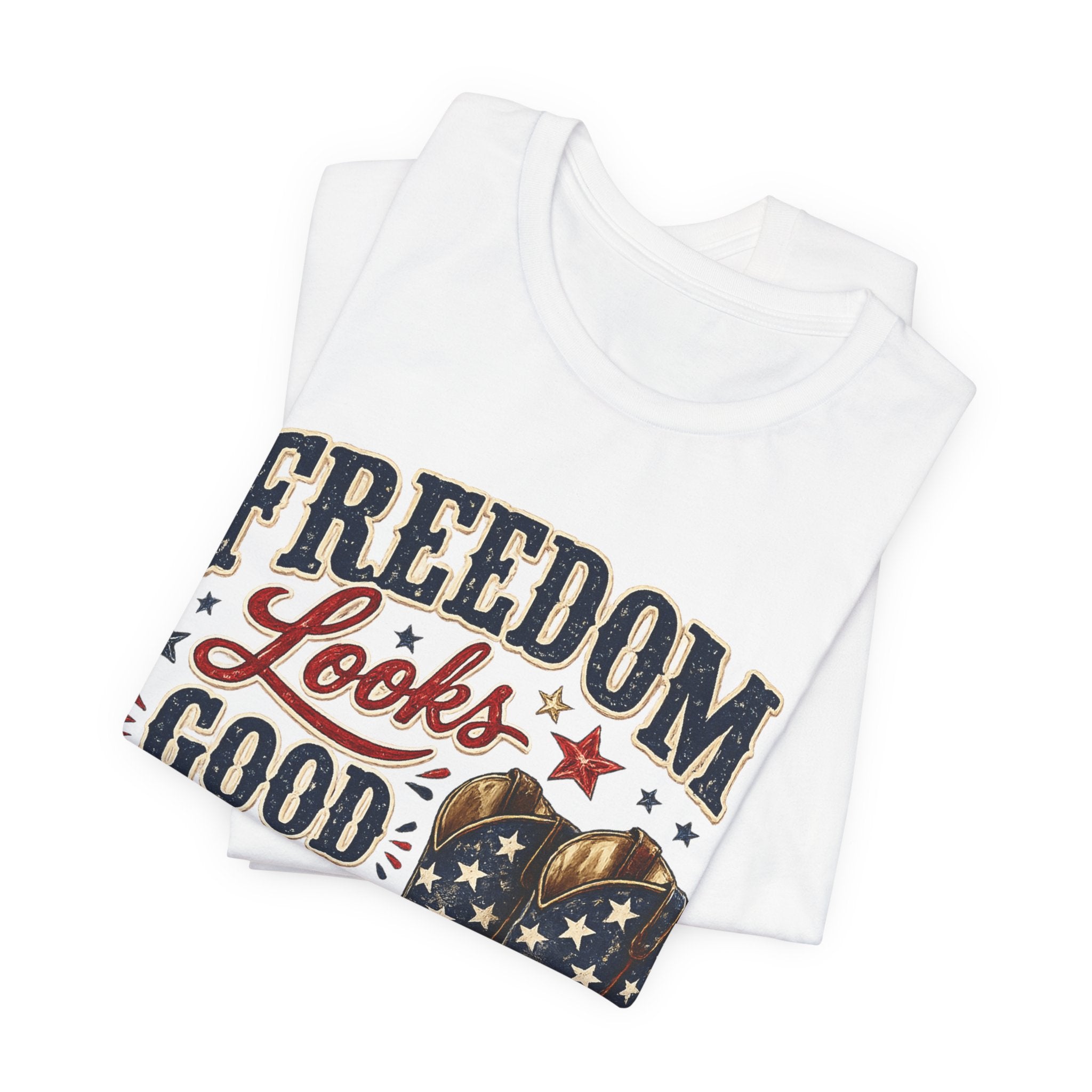 Freedom Looks Good On Me Tee — Patriotic American Flag Cowboy Boots T-Shirt