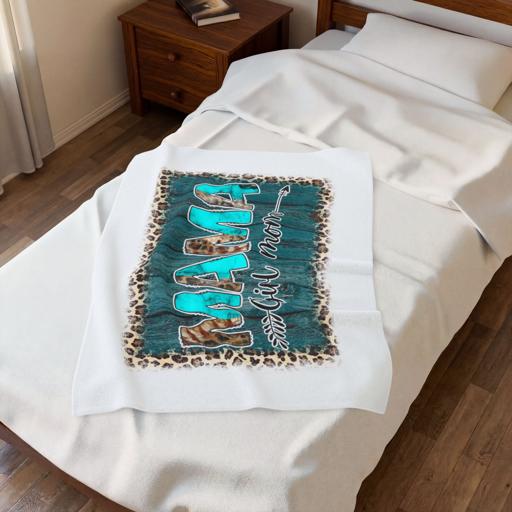 Mama Girl Mom Velveteen Plush Blanket — Turquoise Wood & Leopard Cozy Throw