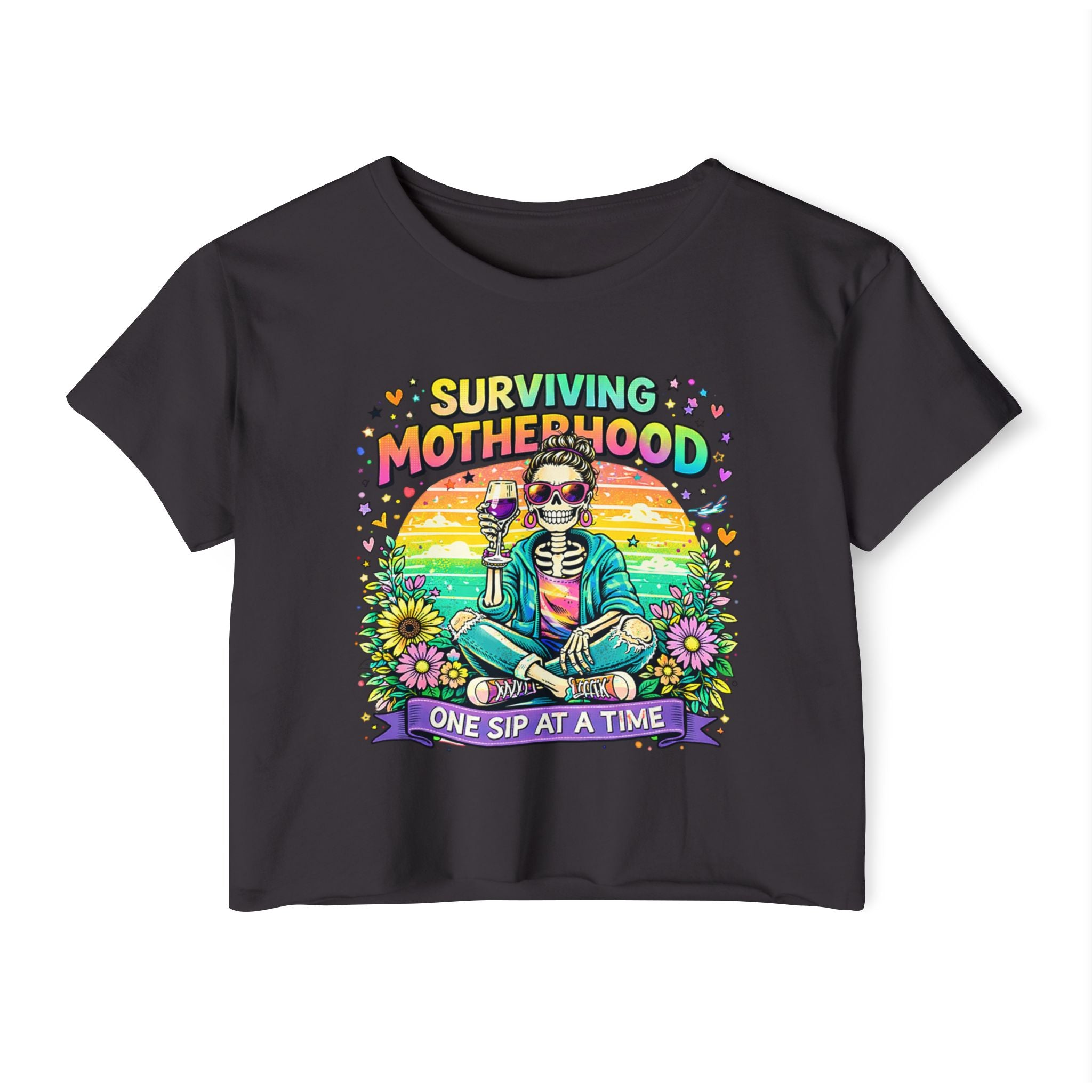 Motherhood Crop Top — "Surviving Motherhood One Sip at a Time" Festival Tee