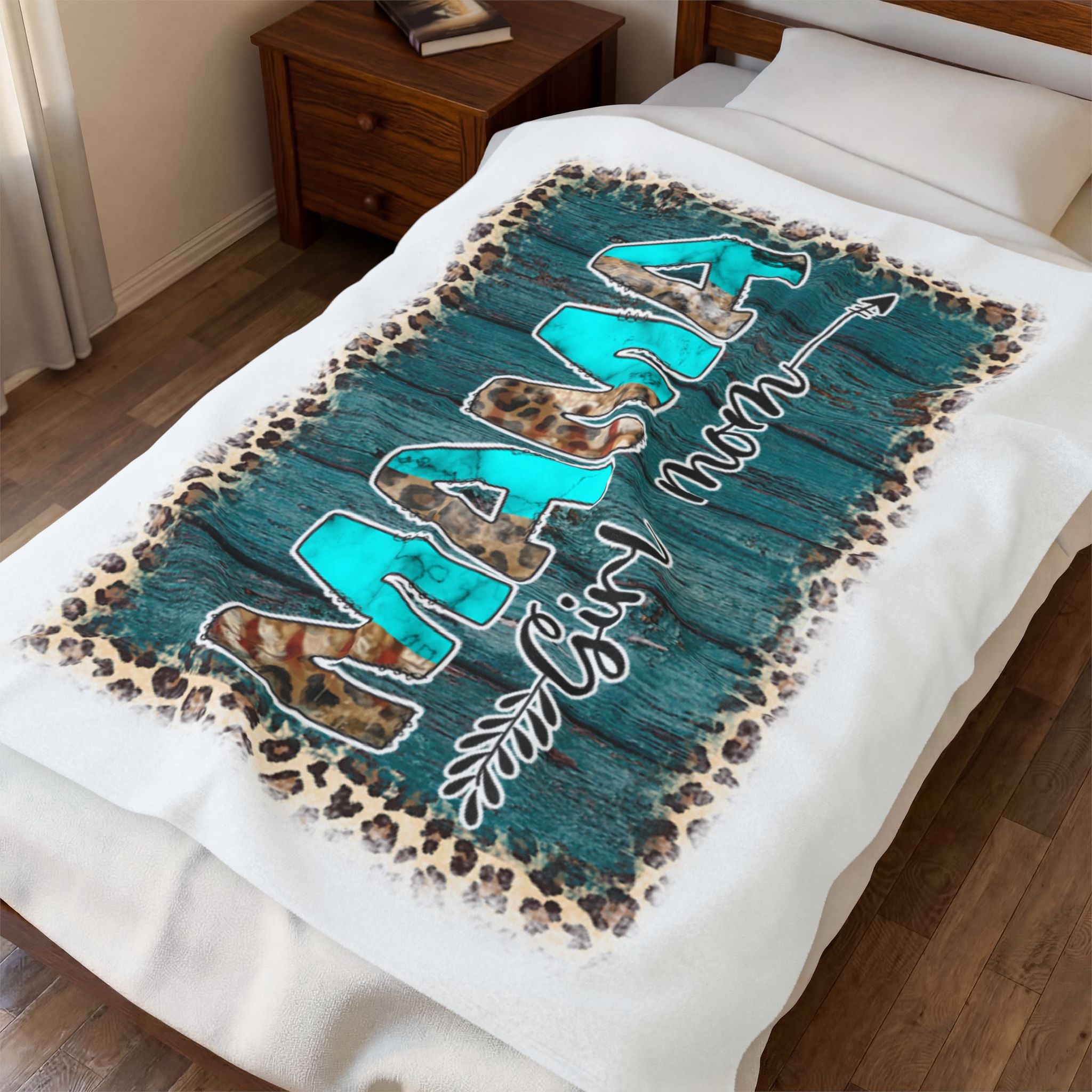 Mama Girl Mom Velveteen Plush Blanket — Turquoise Wood & Leopard Cozy Throw