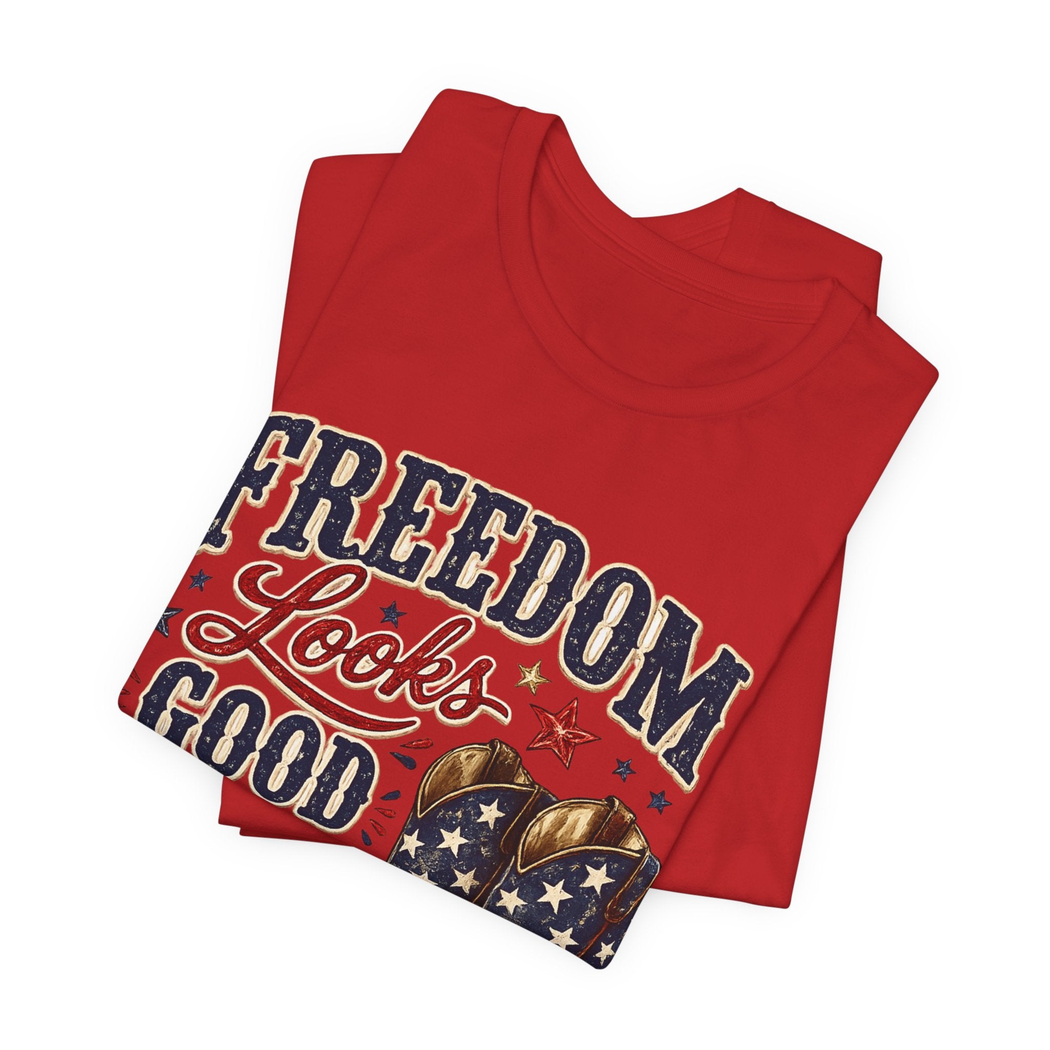Freedom Looks Good On Me Tee — Patriotic American Flag Cowboy Boots T-Shirt