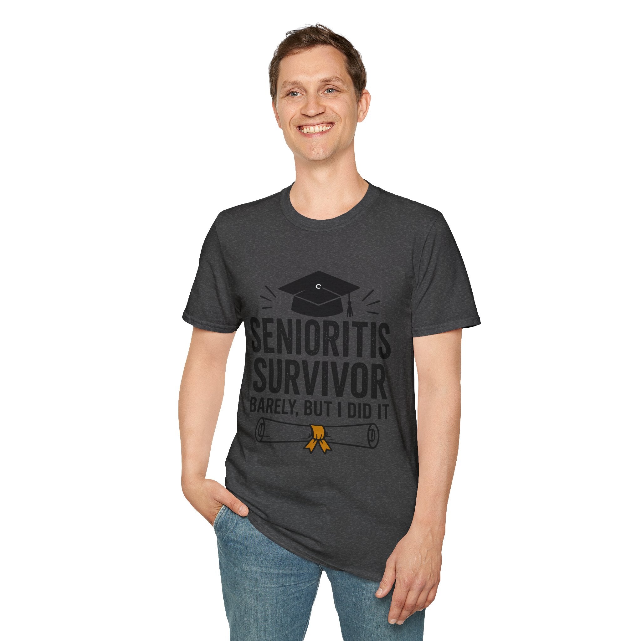 Senioritis Survivor Graduation T-Shirt — "Senioritis Survivor: Barely, But I Did It"