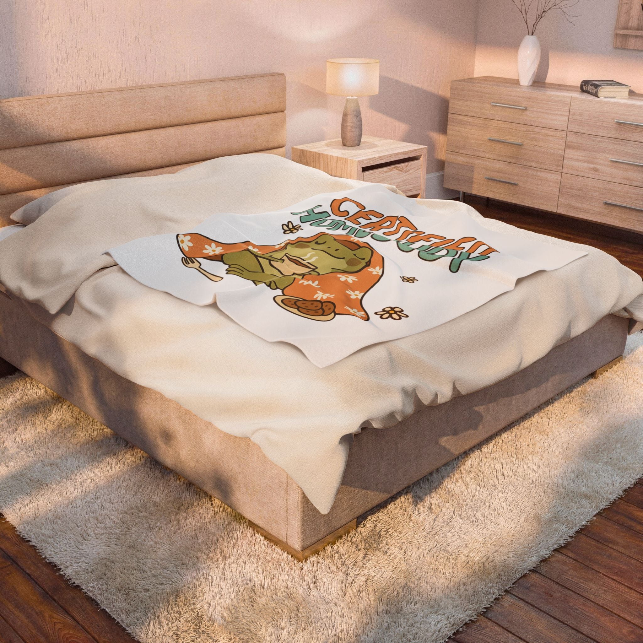 Certified Homebody Plush Blanket — Cozy Frog with Tea & Cookies Velveteen Throw