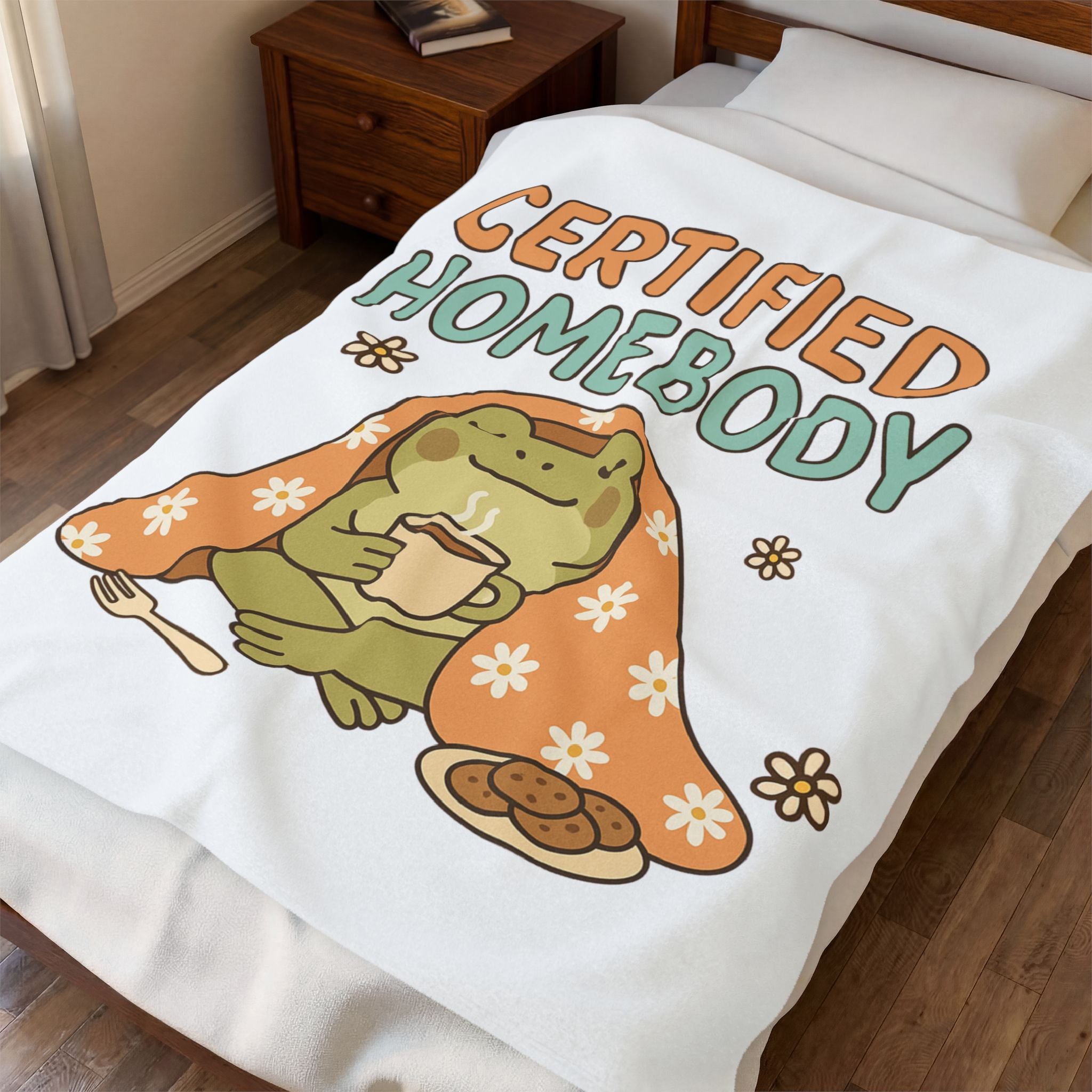 Certified Homebody Plush Blanket — Cozy Frog with Tea & Cookies Velveteen Throw