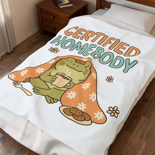 Certified Homebody Plush Blanket — Cozy Frog with Tea & Cookies Velveteen Throw