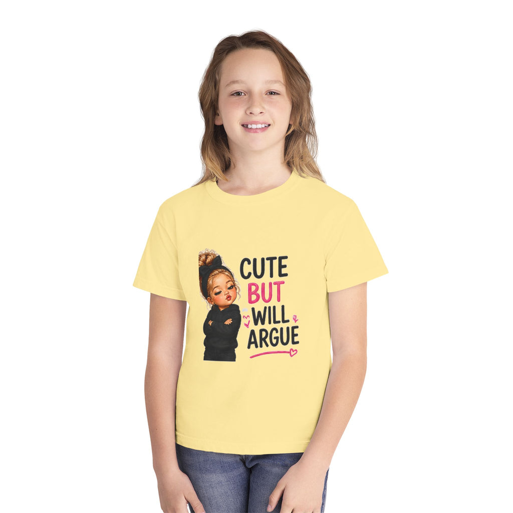 Youth Tee — "Cute But Will Argue" Graphic Kids Shirt