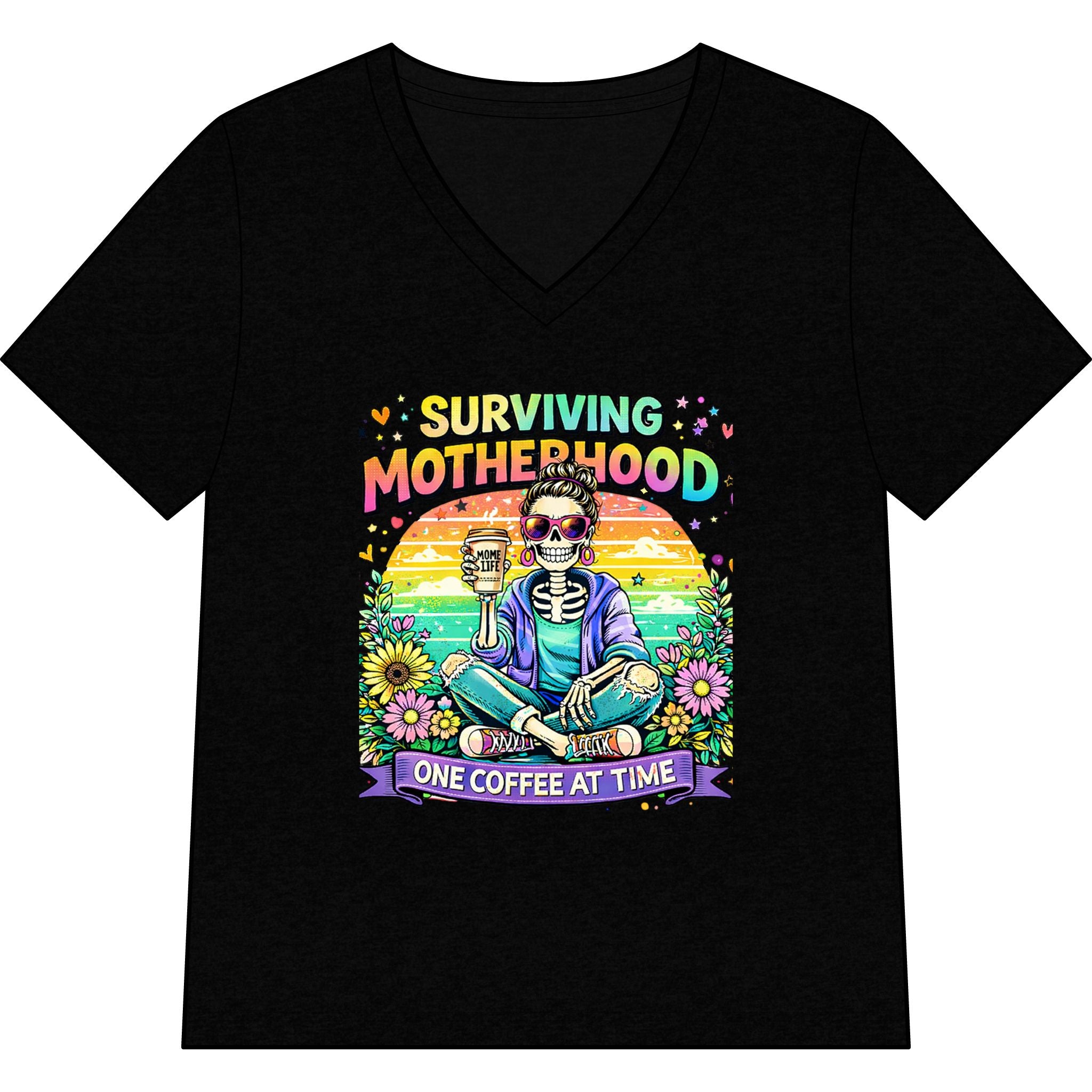 Surviving Motherhood V-Neck Tee — “One Coffee at a Time” Mom Shirt