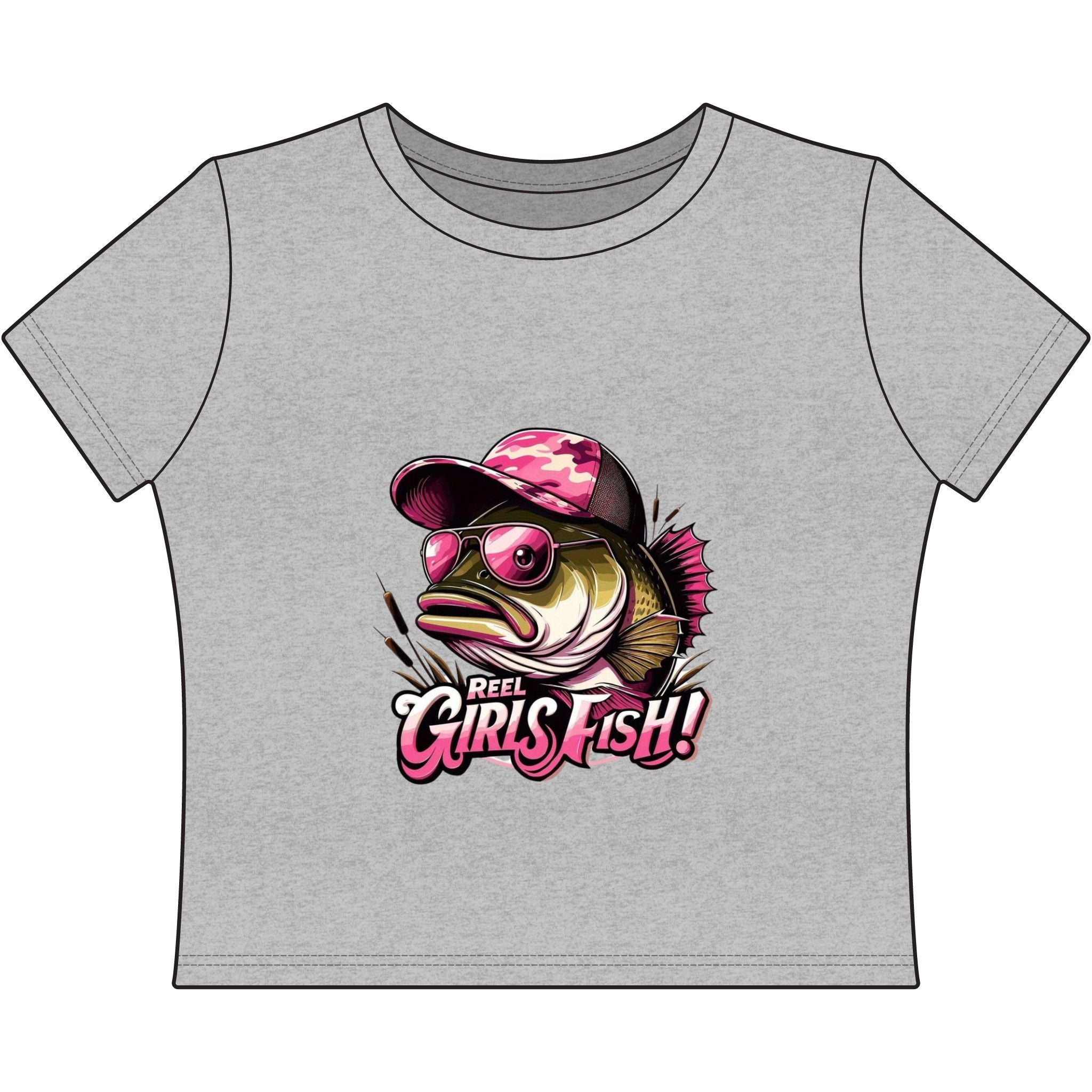 Women's Baby Tee — "Reel Girls Fish!" Pink Camo Bass Graphic Tee