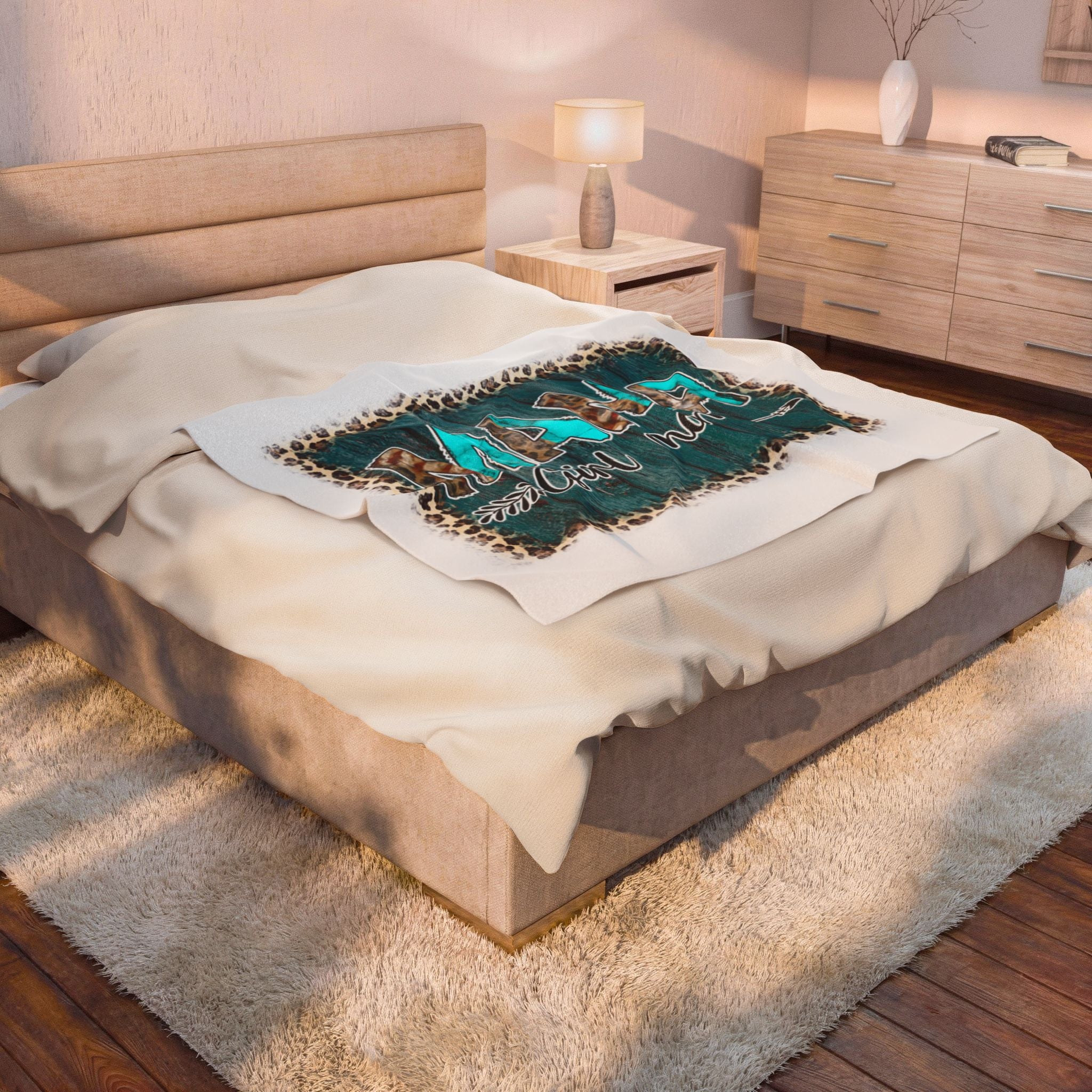 Mama Girl Mom Velveteen Plush Blanket — Turquoise Wood & Leopard Cozy Throw