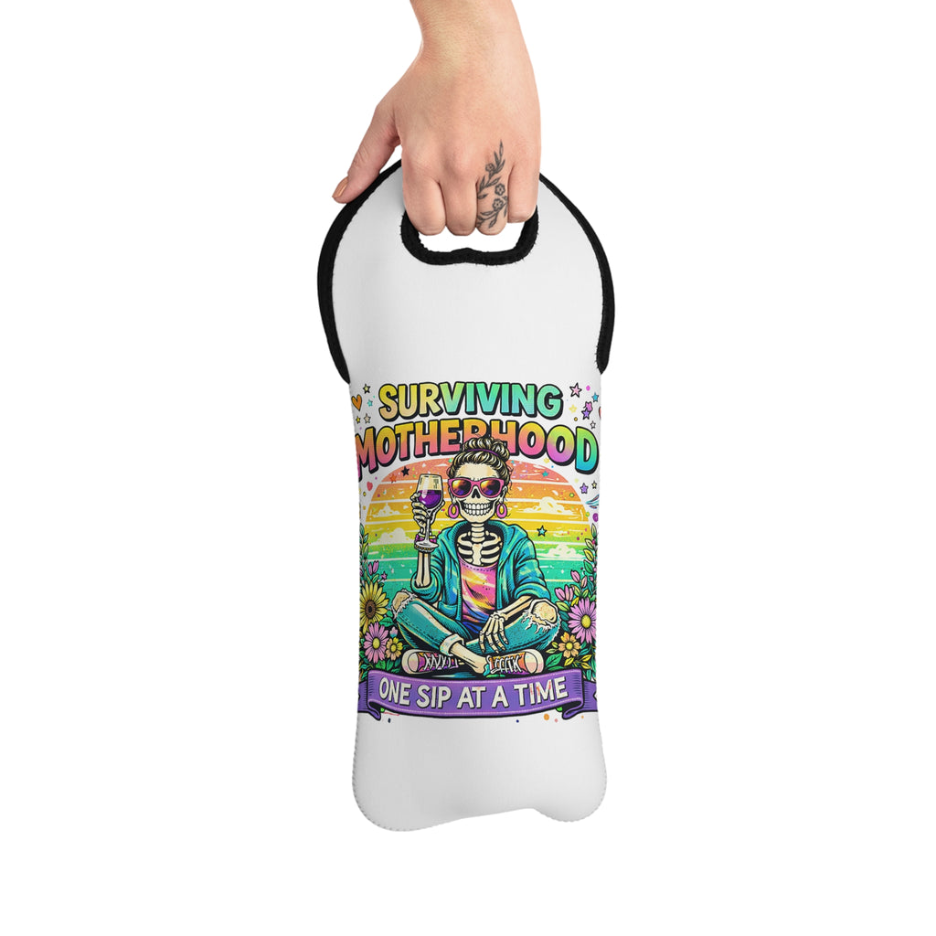 Wine Tote — "Surviving Motherhood: One Sip at a Time" Colorful Mom Wine Carrier