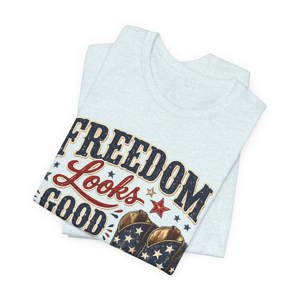 Freedom Looks Good On Me Tee — Patriotic American Flag Cowboy Boots T-Shirt
