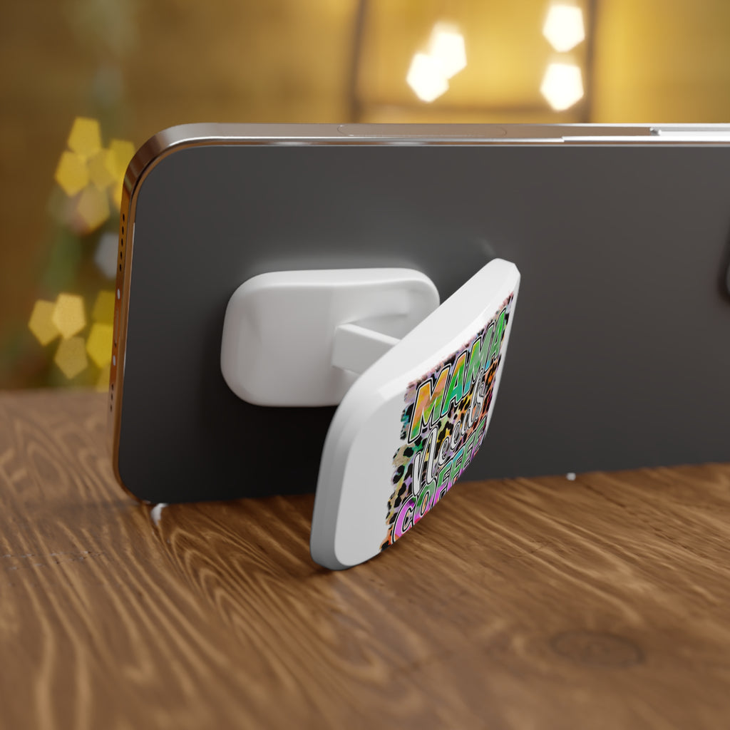 Phone Grip — "Mama Needs Coffee" Colorful Leopard Pop Grip