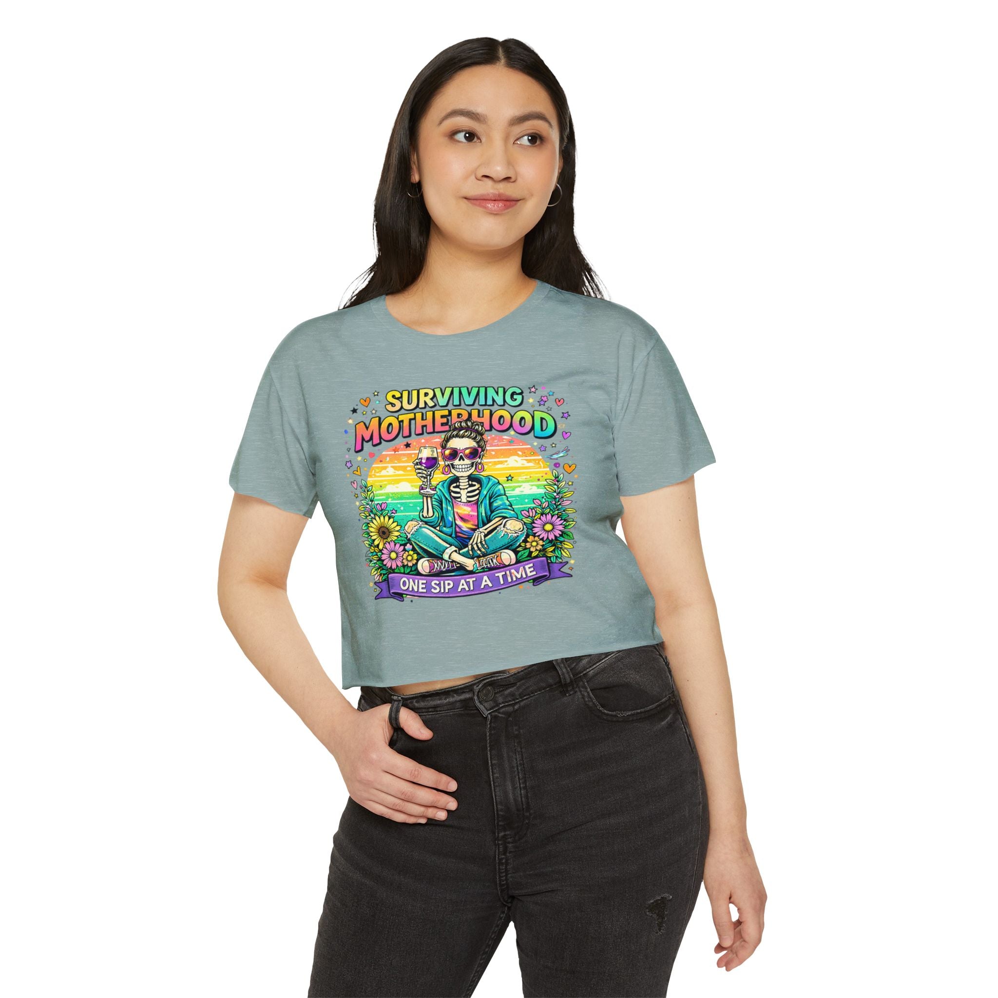 Motherhood Crop Top — "Surviving Motherhood One Sip at a Time" Festival Tee