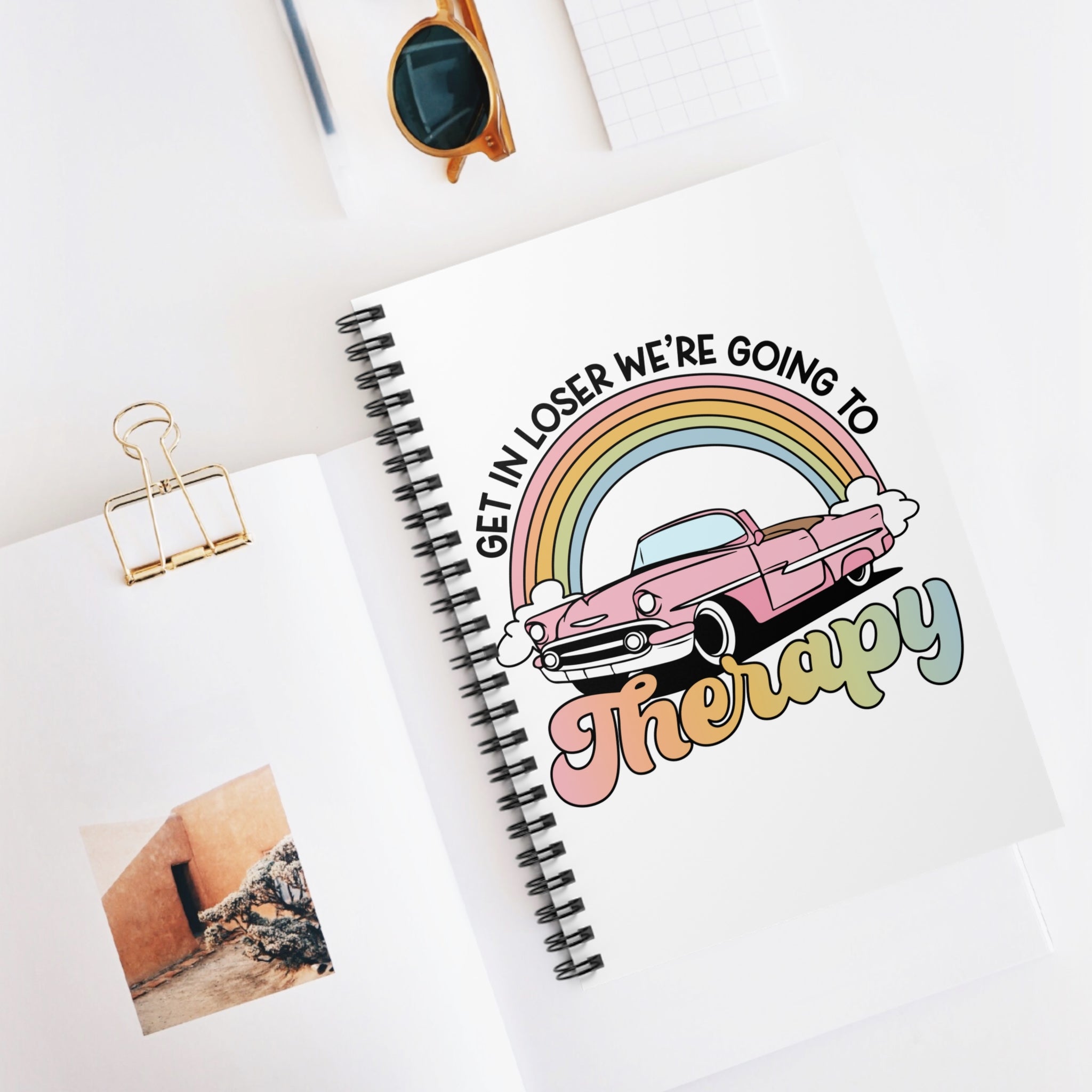 Therapy Roadtrip Spiral Notebook — Retro Pink Car & Rainbow Journal