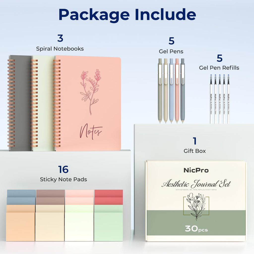 Nicpro 50PCS Cute Spiral Notebook Stationary Set For Women, Bible Journal Set, 3PCS A5 Spiral Notebook, Gel Pens, Sticky Notes & Tabs, Gift Box, Mechanical Pencils for Study Aesthetic School Supplies