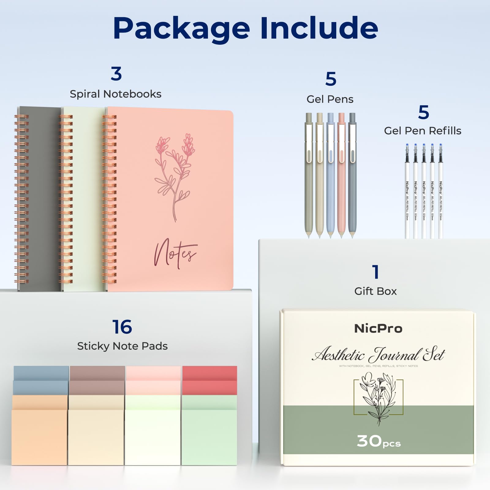 Nicpro 50PCS Cute Spiral Notebook Stationary Set For Women, Bible Journal Set, 3PCS A5 Spiral Notebook, Gel Pens, Sticky Notes & Tabs, Gift Box, Mechanical Pencils for Study Aesthetic School Supplies