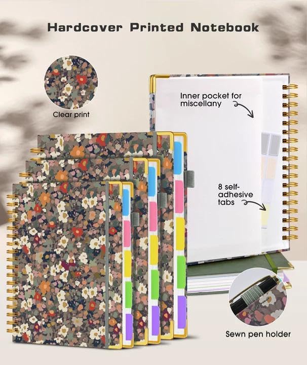 Hardcover Spiral Notebook Journal with Removable Dividers Tabs, 300 Pages Leather 5 Subject Notebook College Ruled, 8"x10" Large B5 Notebooks for Work School Note taking, Lined Journal for Women, Pink