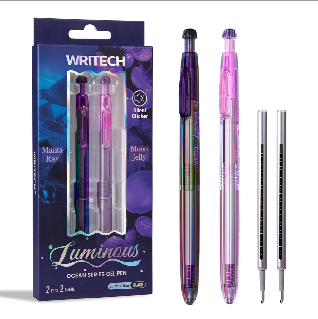 WRITECH Gel Pens Medium Point: Luminous pen set 0.7mm, Black Ink, Includes 2 Pens and 2 Refills, Silent Clicker, Smooth Writing for School Office & Everyday Use
