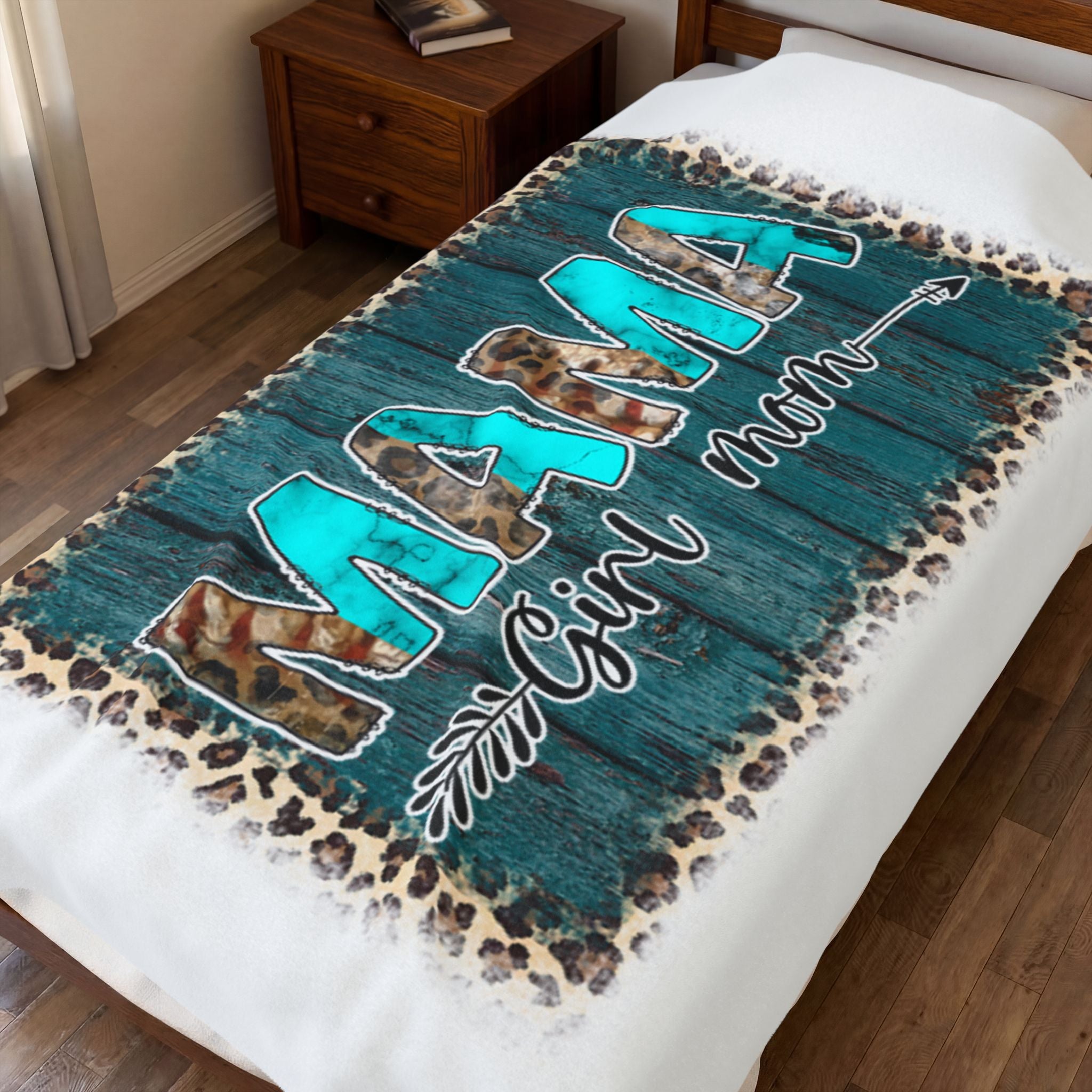 Mama Girl Mom Velveteen Plush Blanket — Turquoise Wood & Leopard Cozy Throw