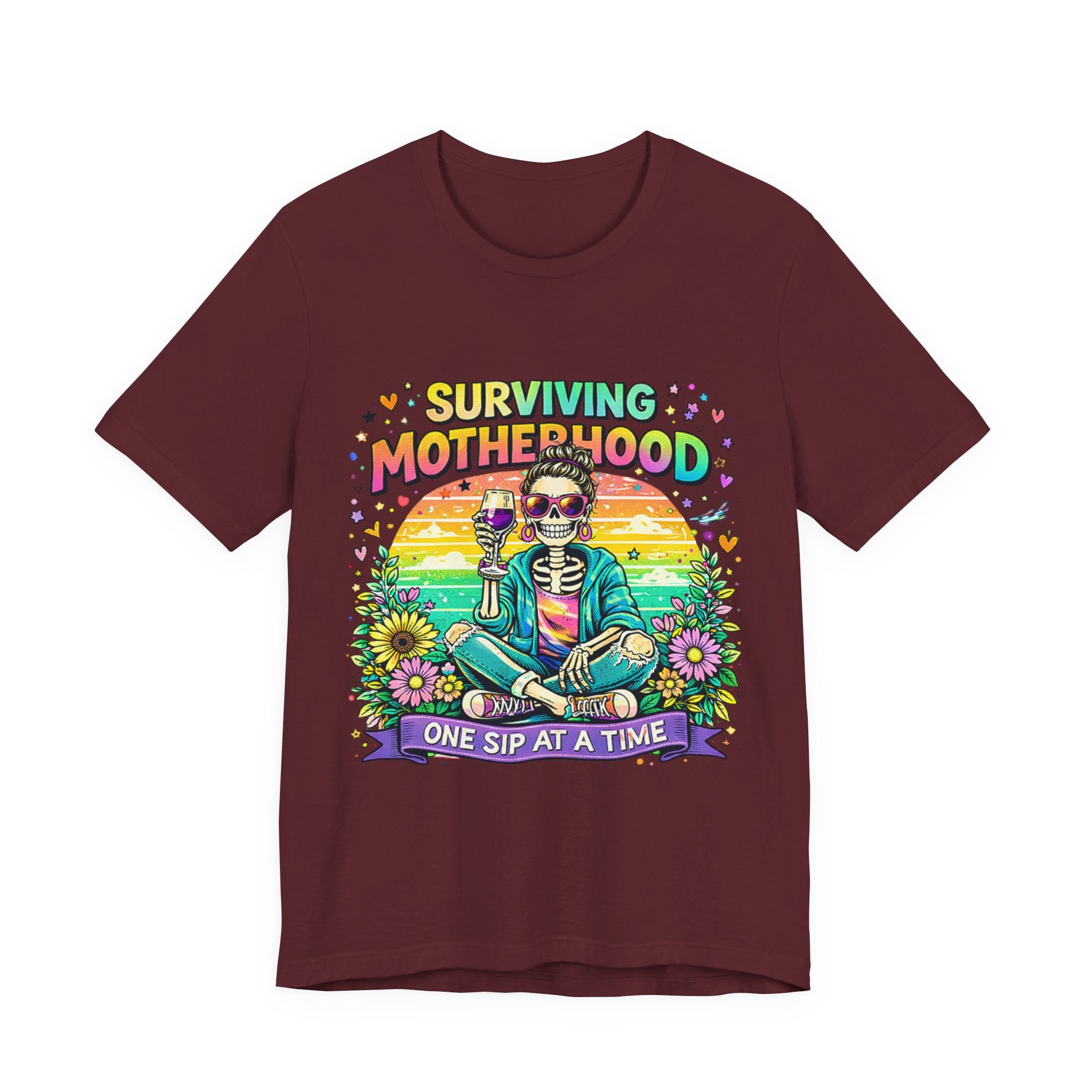 Surviving Motherhood Graphic Tee — "One Sip at a Time" Mom Shirt