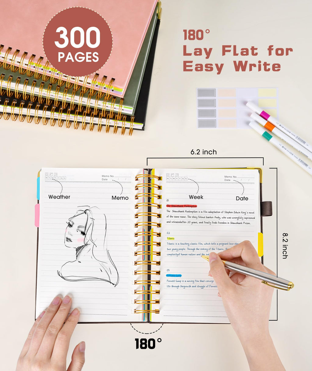 Hardcover Spiral Notebook Journal with Removable Dividers Tabs, 300 Pages Leather 5 Subject Notebook College Ruled, 8"x10" Large B5 Notebooks for Work School Note taking, Lined Journal for Women, Pink