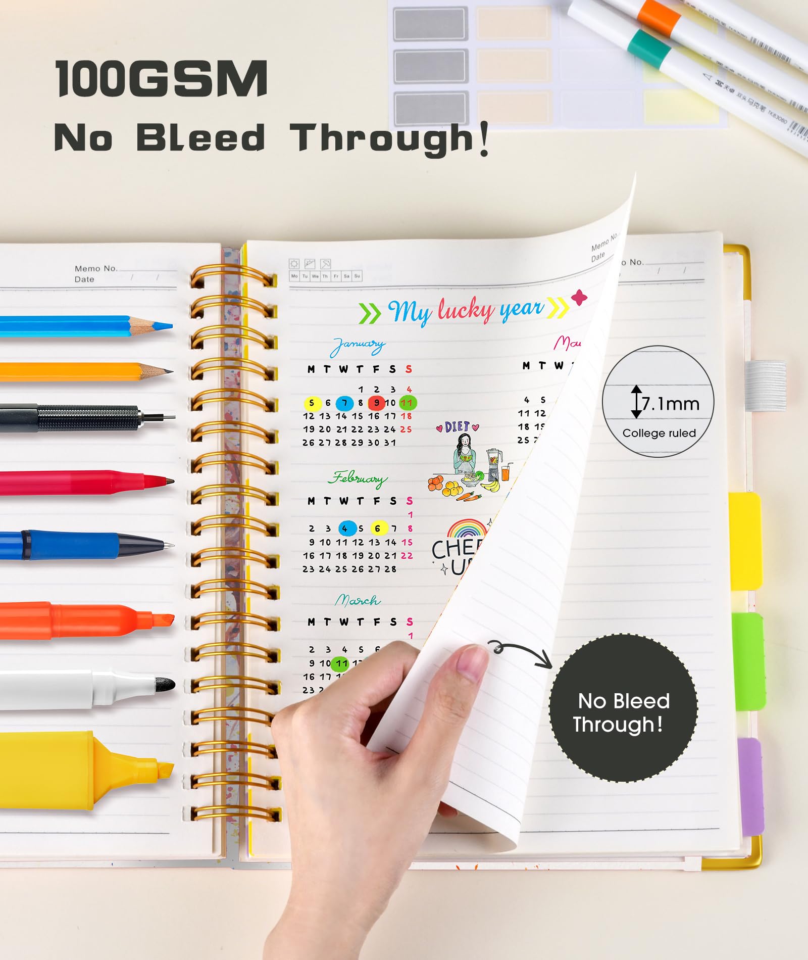 Hardcover Spiral Notebook Journal with Removable Dividers Tabs, 300 Pages Leather 5 Subject Notebook College Ruled, 8"x10" Large B5 Notebooks for Work School Note taking, Lined Journal for Women, Pink