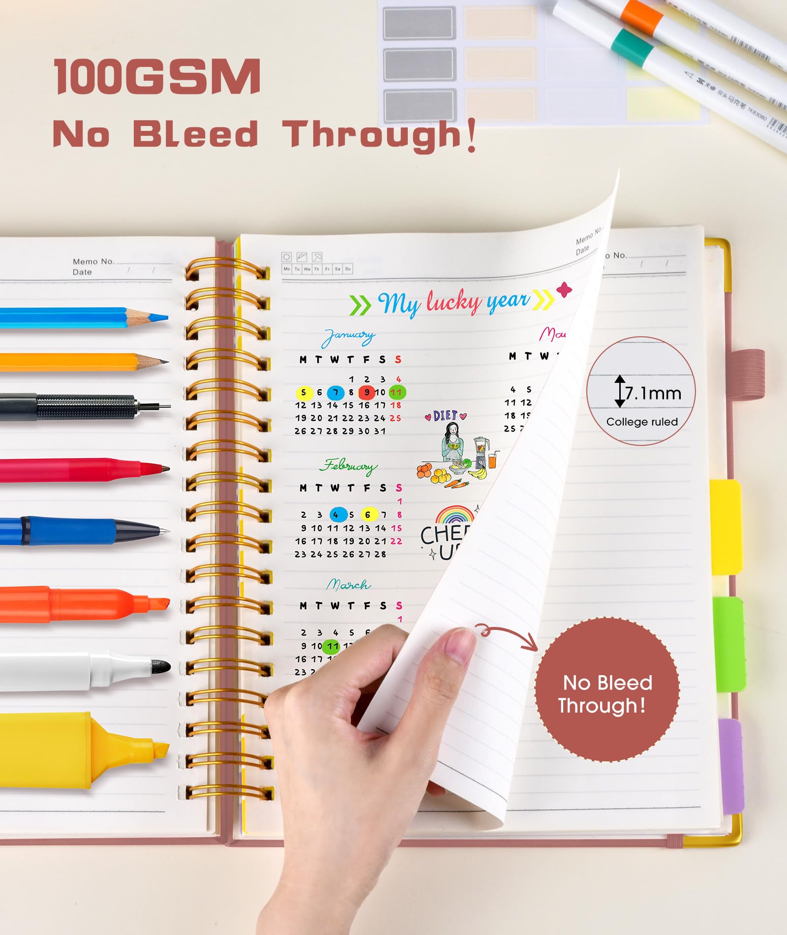 Hardcover Spiral Notebook Journal with Removable Dividers Tabs, 300 Pages Leather 5 Subject Notebook College Ruled, 8"x10" Large B5 Notebooks for Work School Note taking, Lined Journal for Women, Pink