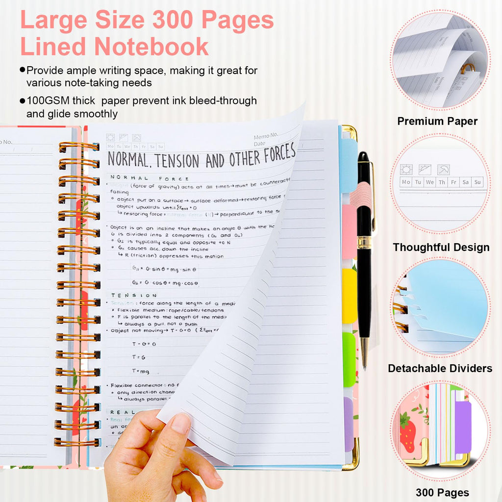 Spiral Journal Notebooks for Work, 300 Pages 5 Subject Notebook College Ruled with Dividers & Tabs, 8''x 10'' Large Notebook Journal for Women Students Note-Taking and Organizer