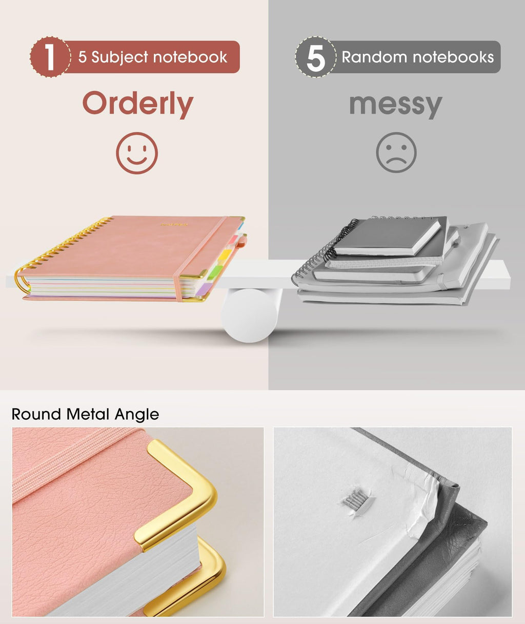 Hardcover Spiral Notebook Journal with Removable Dividers Tabs, 300 Pages Leather 5 Subject Notebook College Ruled, 8"x10" Large B5 Notebooks for Work School Note taking, Lined Journal for Women, Pink