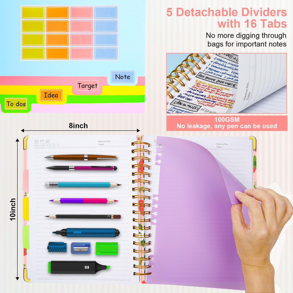 Spiral Journal Notebooks for Work, 300 Pages 5 Subject Notebook College Ruled with Dividers & Tabs, 8''x 10'' Large Notebook Journal for Women Students Note-Taking and Organizer