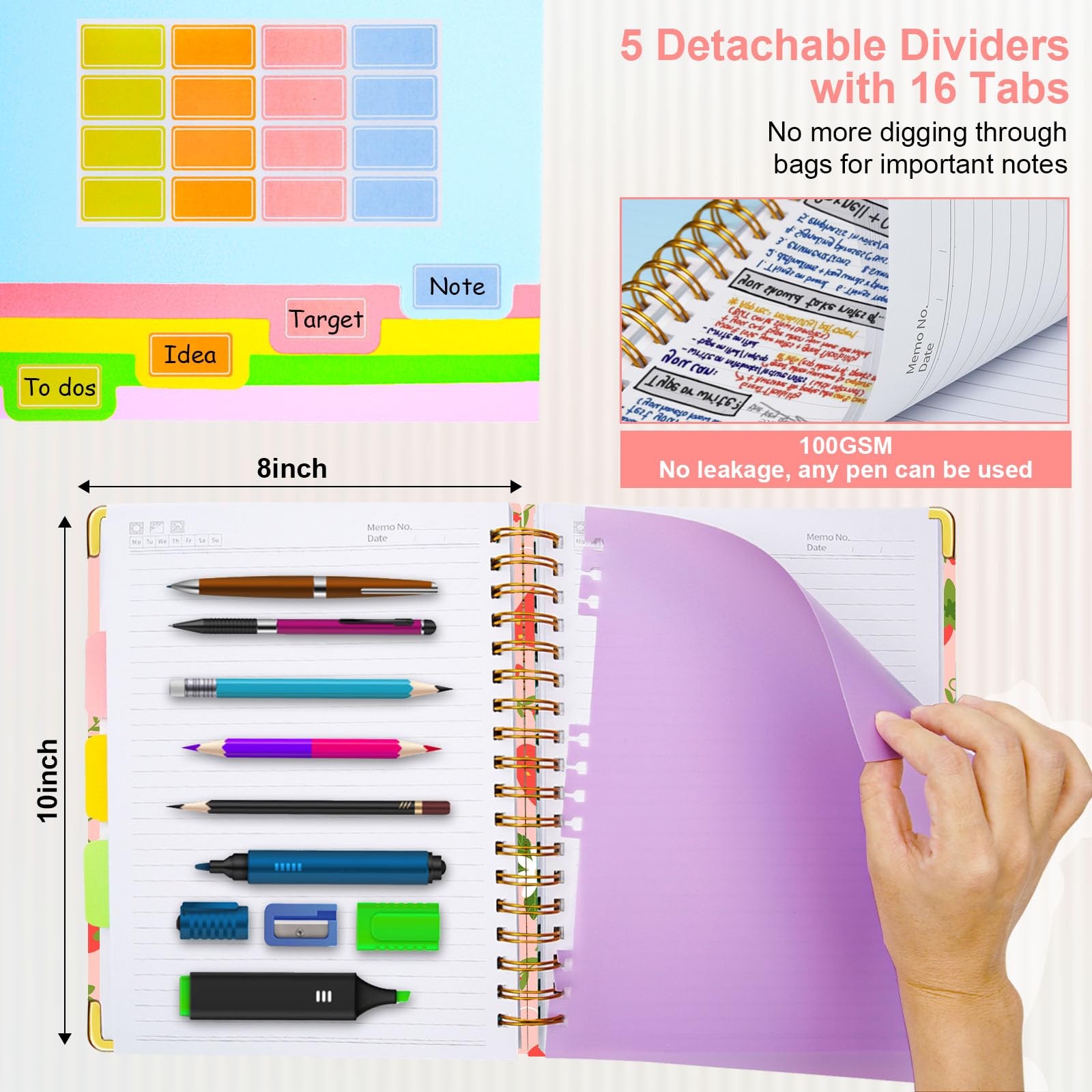 Spiral Journal Notebooks for Work, 300 Pages 5 Subject Notebook College Ruled with Dividers & Tabs, 8''x 10'' Large Notebook Journal for Women Students Note-Taking and Organizer